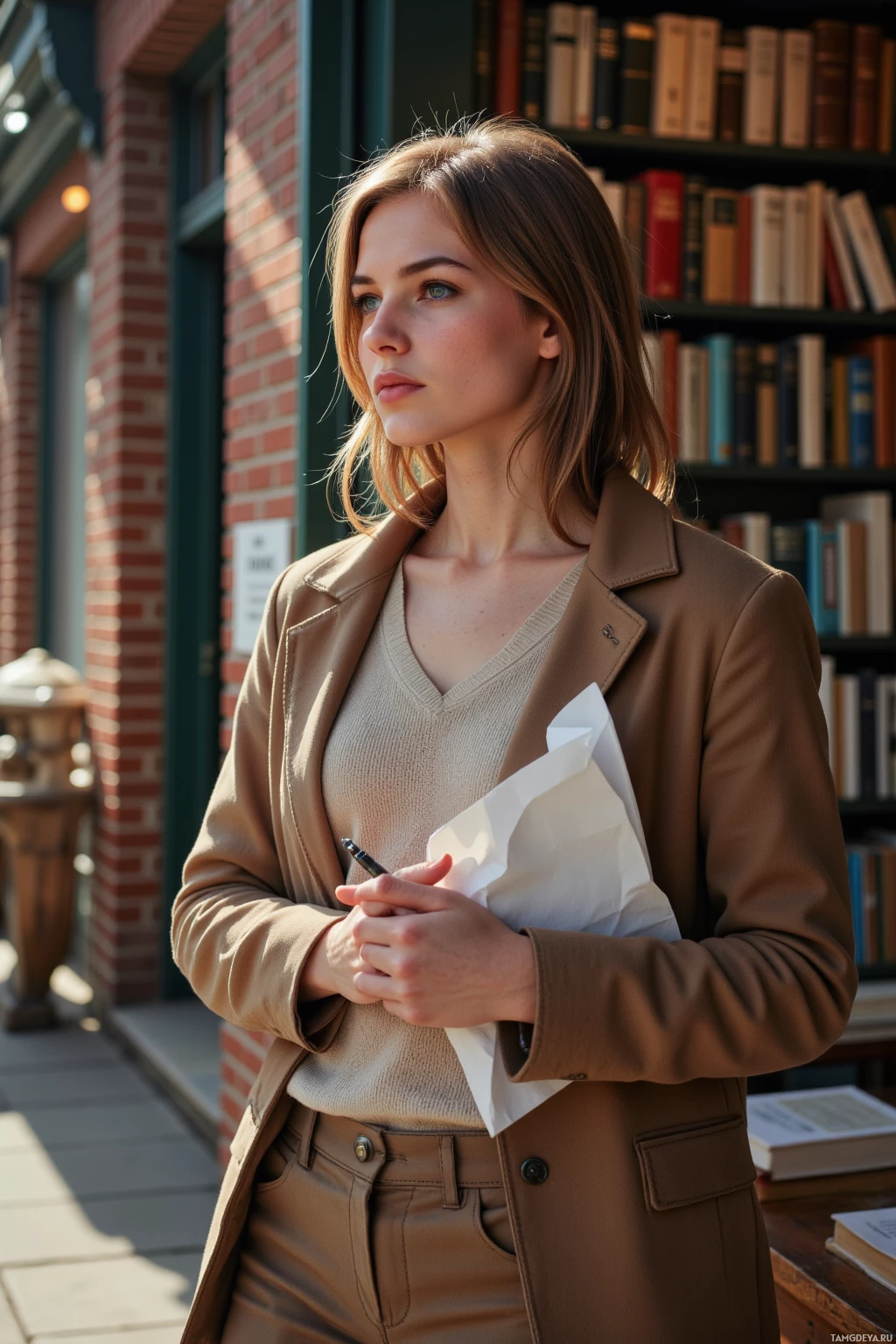 Realistic high quality photo. Woman, 27, medium‑length light brown hair, green eyes, delicate features, soft sweater and tailored pants, strolling past an old brick bookstore on a quiet afternoon, a crumpled page tucked in her jacket pocket, pen in hand with a slight tremor, surrounded by stacks of old books under warm afternoon light, modern realism.