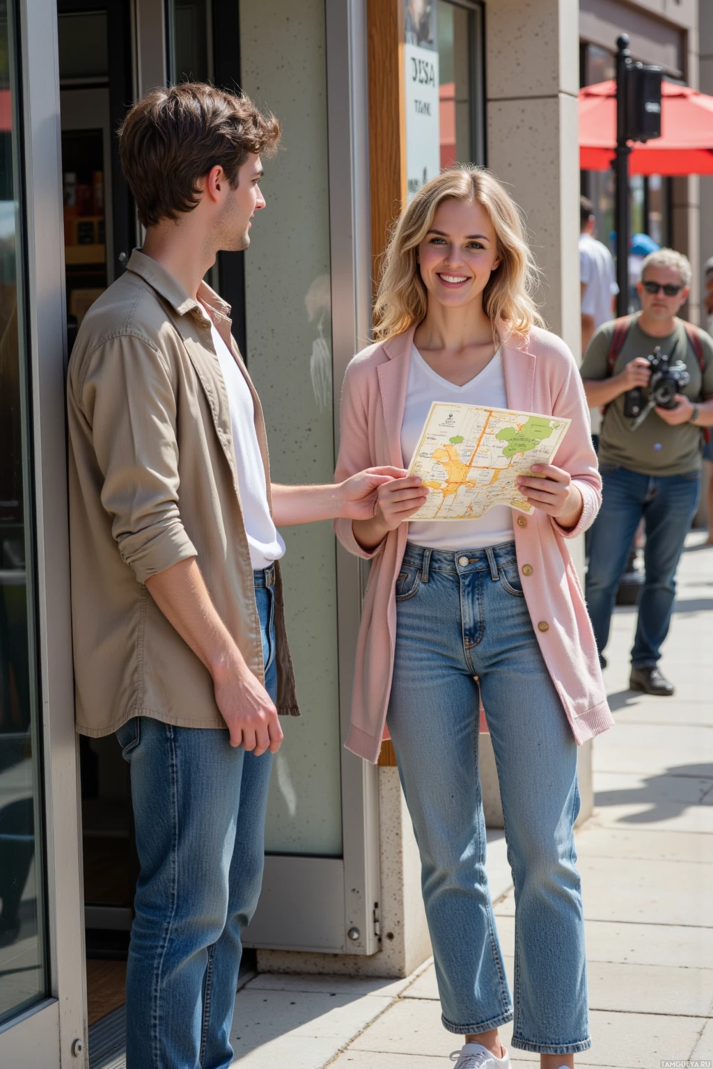 Мужчина и женщина стоят на тротуаре и смотрят вместе на карту.