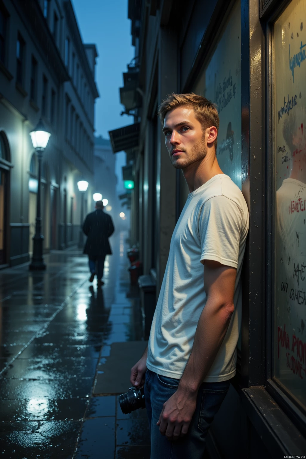 Мужчина стоит в дождливом переулке, прислонившись к стене, с фотоаппаратом в руках.