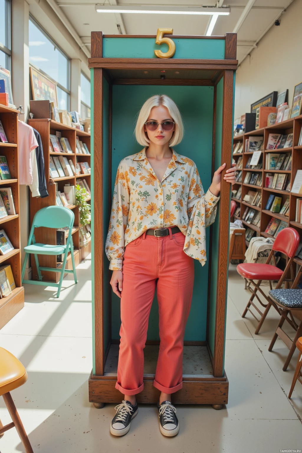 Человек стоит в старинной телефонной будке в книжном магазине, одетый в рубашку с цветочным принтом и коралловые брюки.