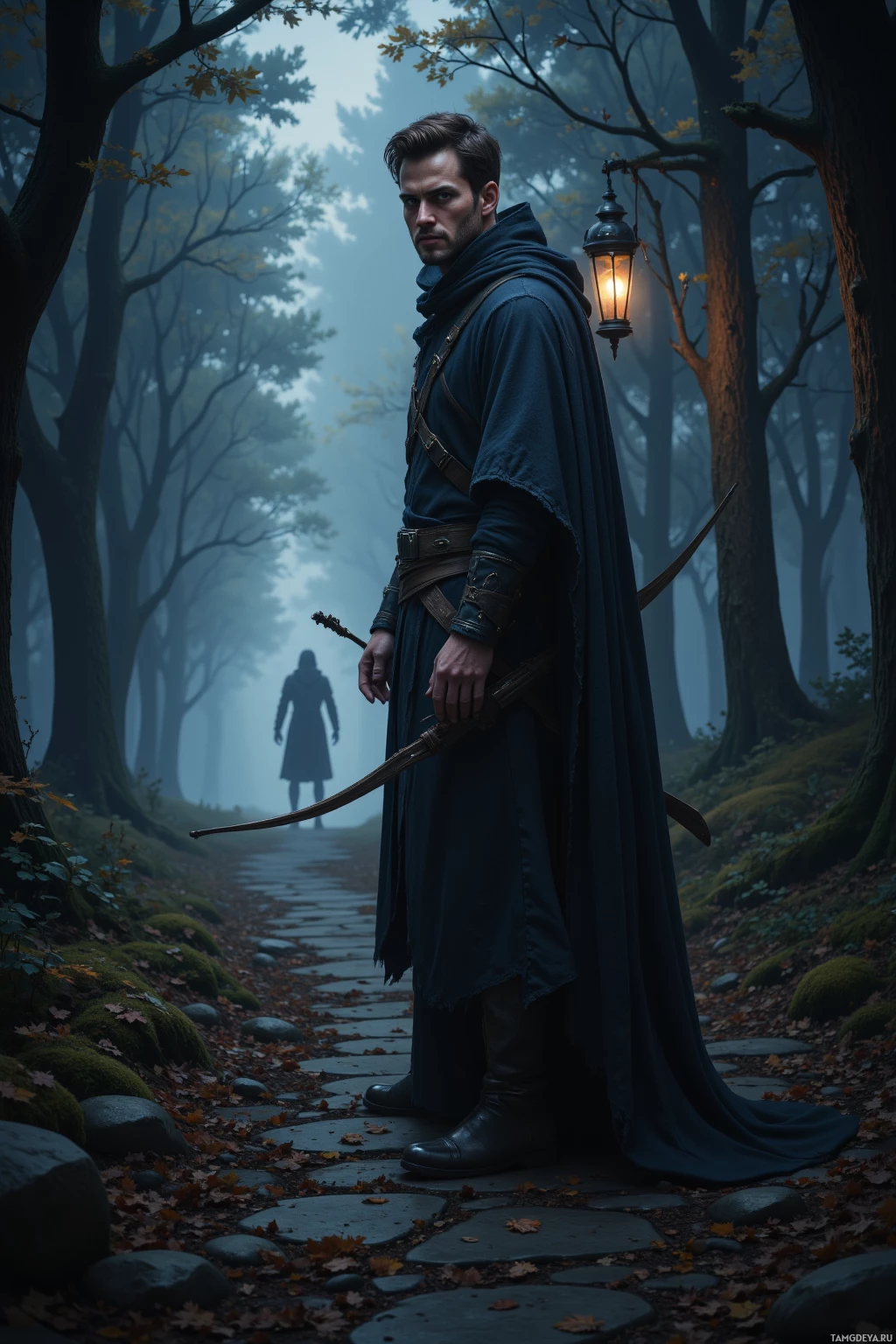 Мужчина в темном плаще стоит на каменной тропинке в туманном лесу, держа в руках лук и стрелу, вдалеке видна еще одна фигура.