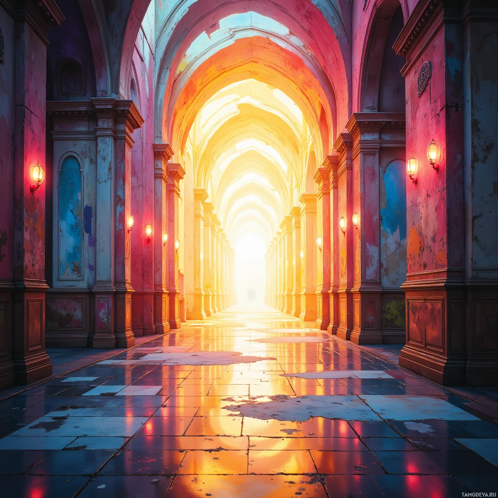 Величественный, богато украшенный коридор с арочными потолками и теплым, ласкающим светящимся светом в конце.