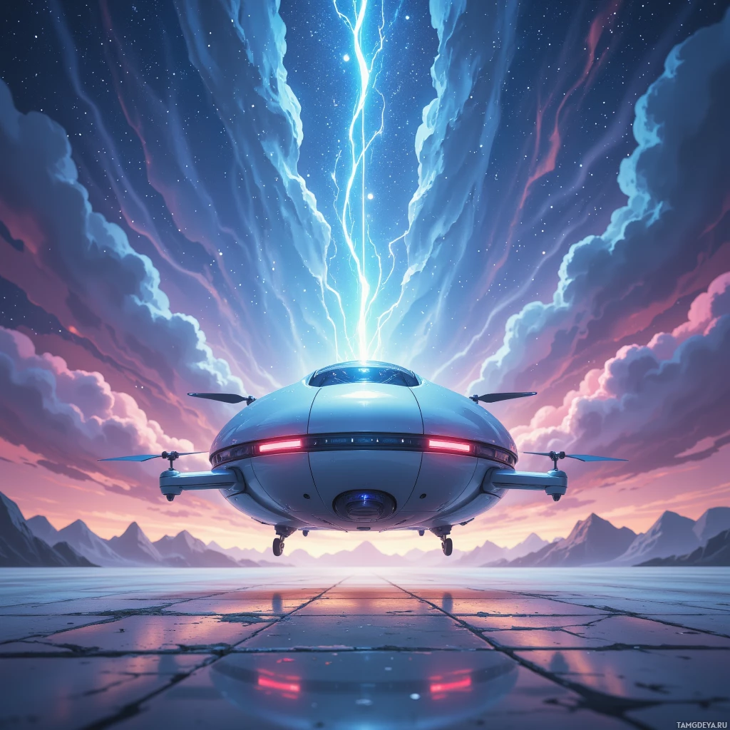 Футуристический летательный аппарат парит над потрескавшейся поверхностью, на фоне яркого неба, усыпанного полосами света и облаками.