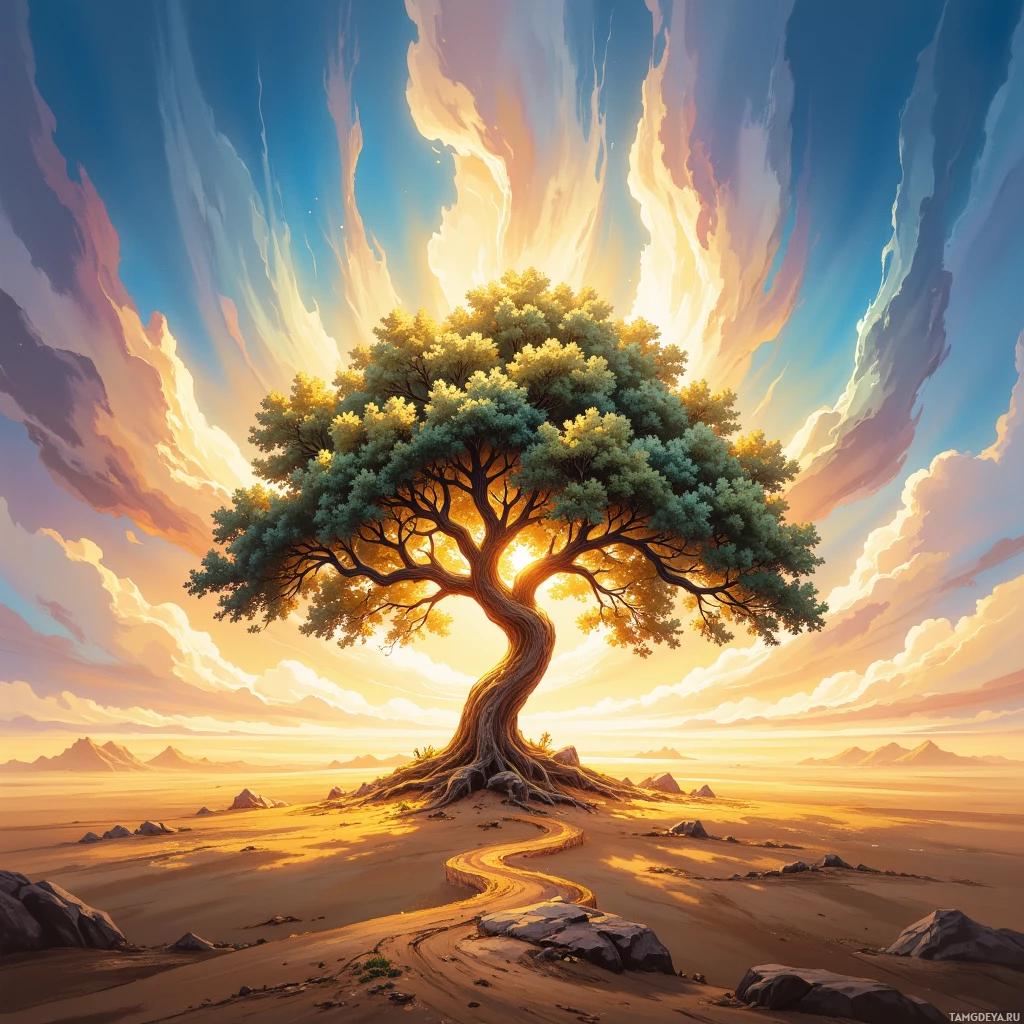 Одинокое дерево возвышается посреди бескрайней пустыни под впечатляющим небом.
