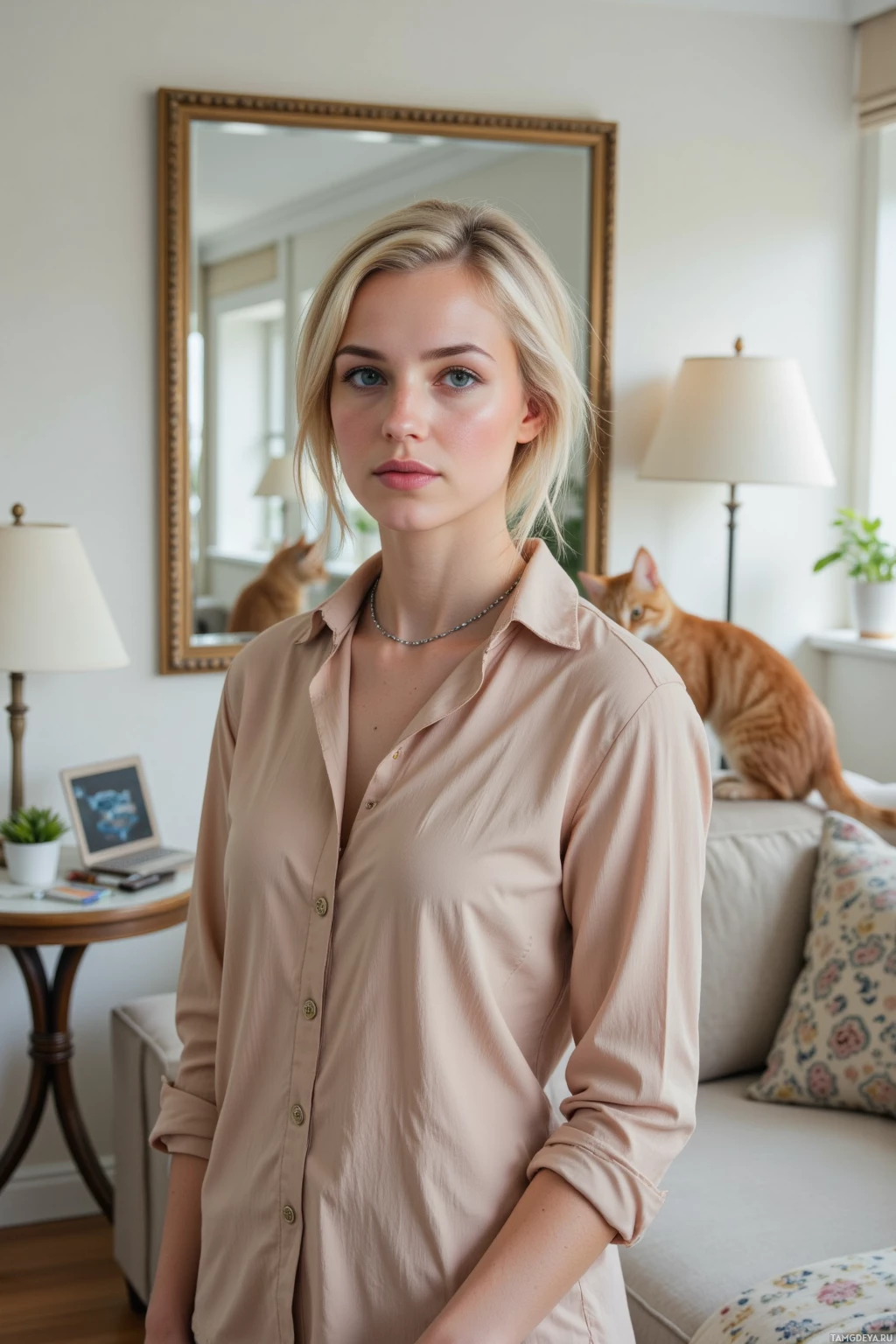 В уютной гостиной стоит женщина, на заднем плане — кошка.