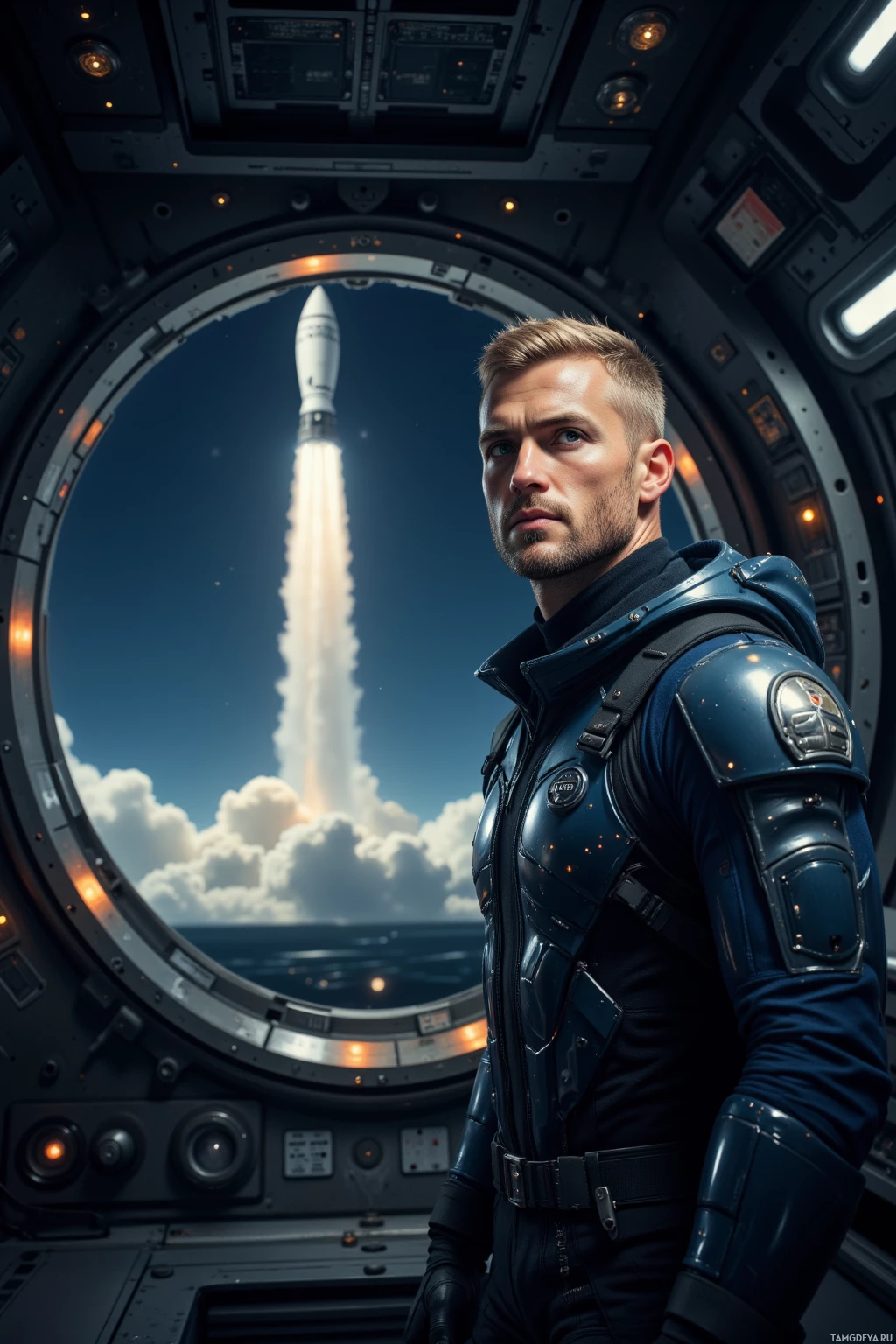 Человек в скафандре стоит внутри космического корабля, наблюдая за запуском ракеты.