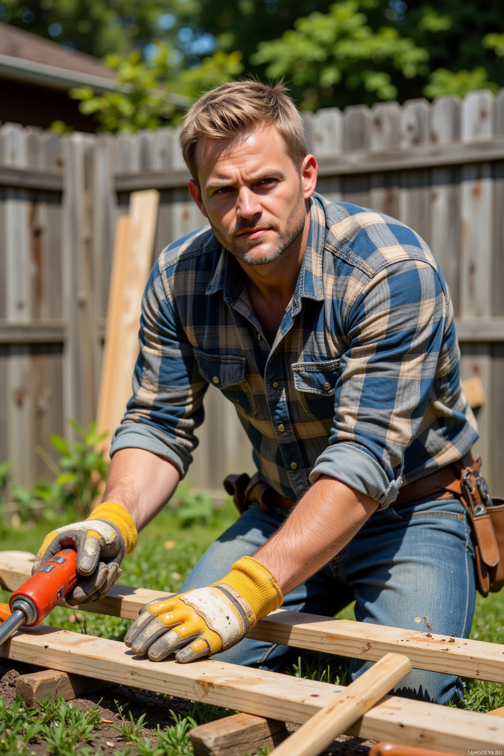 Realistic high quality photo. A 36‑year‑old reliable man with short blonde hair, gray eyes, square jawline, sturdy build, wearing a rugged flannel shirt, jeans, and workman's gloves, chiseling a wooden board for a garden fence in a sunny backyard during a weekend afternoon, surrounded by tools and a wooden fence frame.