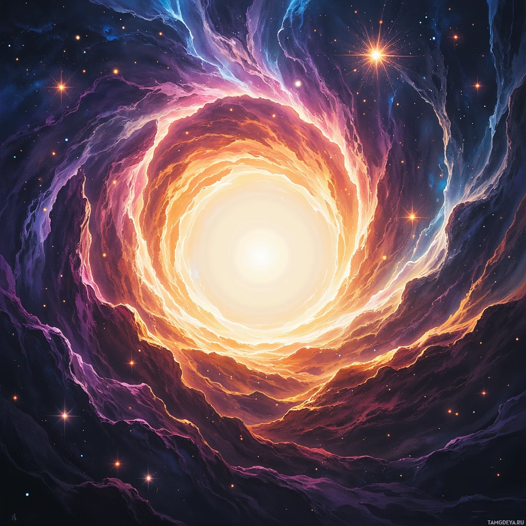Яркий космический пейзаж с закручивающейся галактикой, сияющим центром и россыпью звезд.
