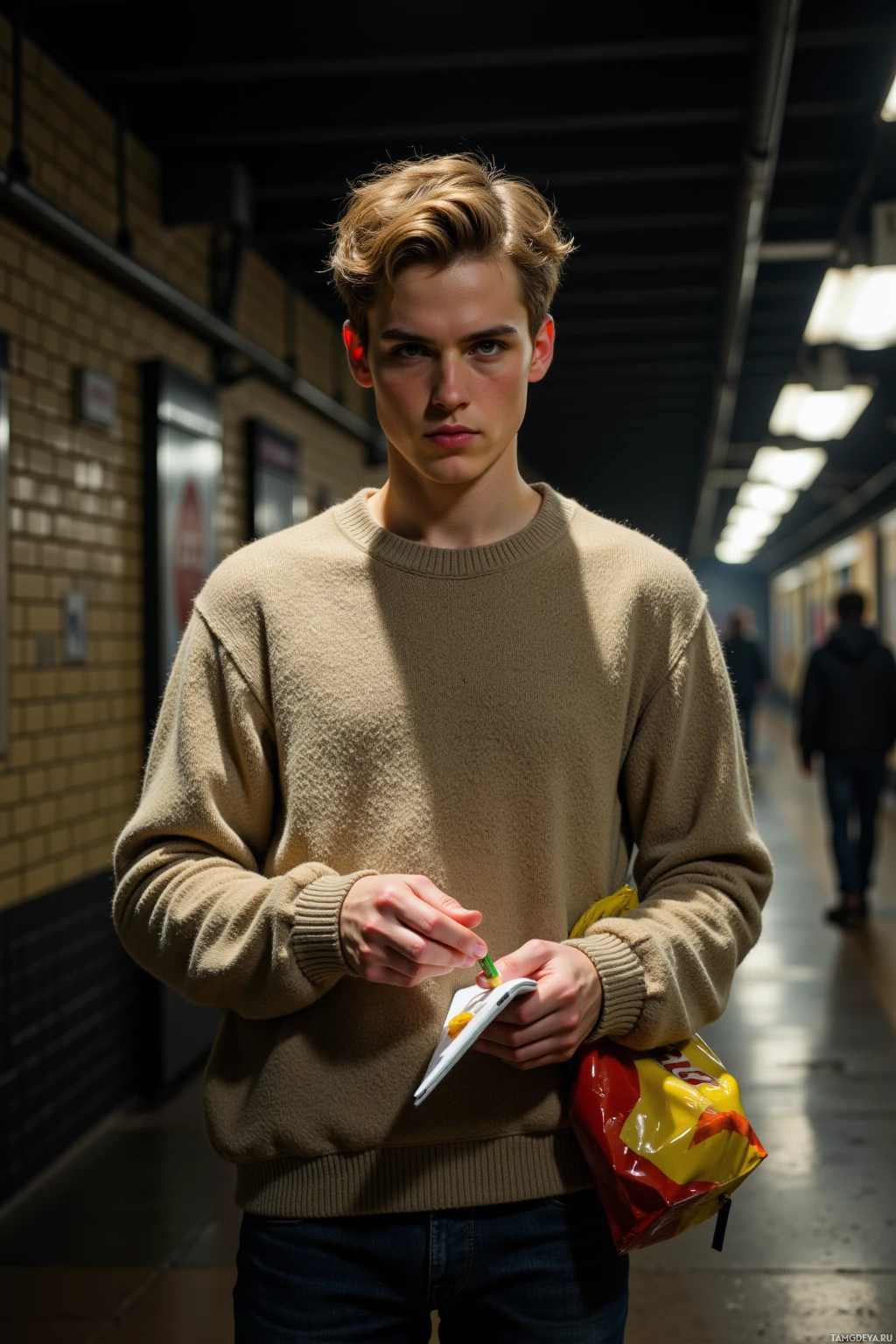 Realistic high quality photo. young man, 20, pale skin, messy light brown hair, piercing green eyes, oversized loose‑fitting sweater, slender frame, standing in a dim subway tunnel with brick walls, holding a sketchpad and a bag of chips from a vending machine, looking detached yet slightly amused, late evening.
