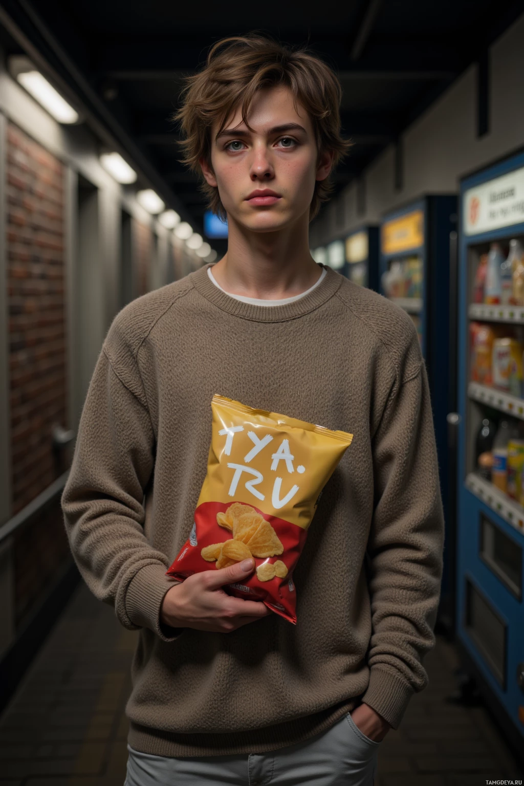Realistic high quality photo. young man, 20, pale skin, messy light brown hair, piercing green eyes, oversized loose‑fitting sweater, slender frame, standing in a dim subway tunnel with brick walls, holding a sketchpad and a bag of chips from a vending machine, looking detached yet slightly amused, late evening.