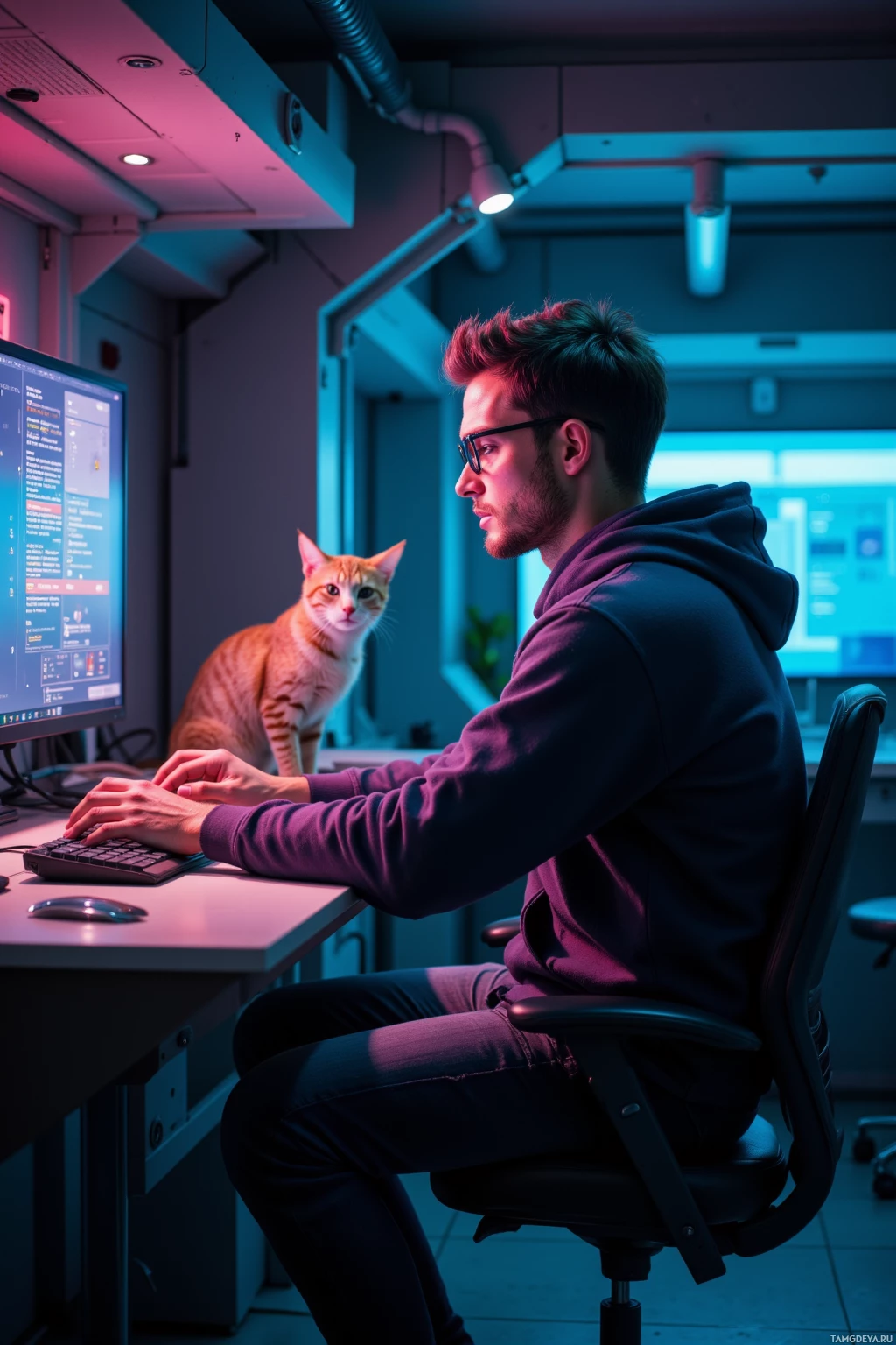 Realistic high quality photo. A 34‑year‑old man with short dark hair, sharp blue eyes, wearing a dark hoodie, casual jeans, understated glasses, calmly applying a redundant security patch to a console bathed in soft glow, a stray cat perched near a vent, inside a dimly lit futuristic cyberlab at midnight.