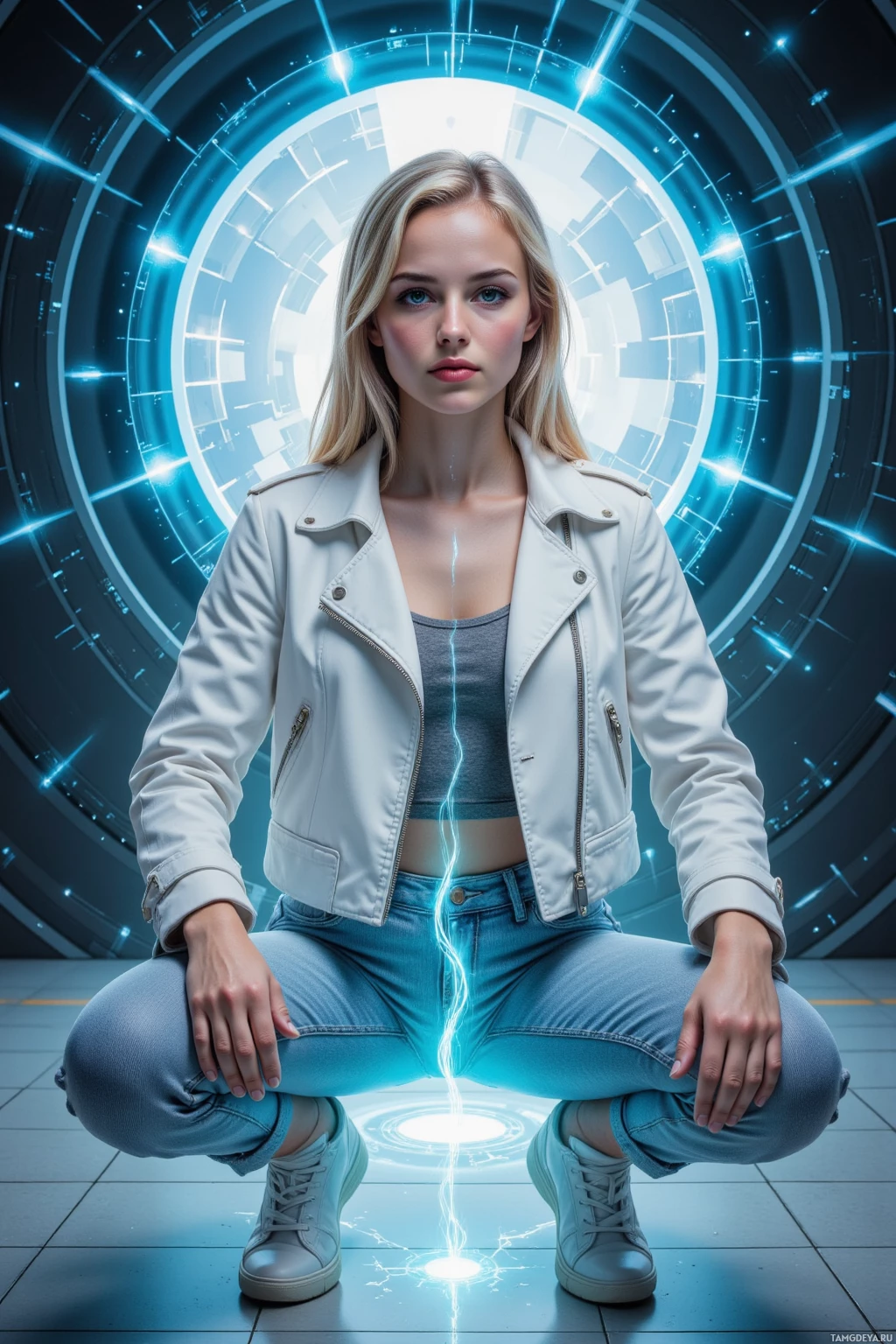 Realistic high quality photo. 24‑year‑old woman with long blonde hair, sharp green eyes, fair skin, wearing a sleek white tech‑fabric jacket over a simple grey top, fitted light blue jeans, and minimalist white sneakers, standing in a futuristic office grid surrounded by holographic data streams, skillfully patching a glowing wormhole in midair, her posture confident and eyes focused, with late‑night ambient glow.