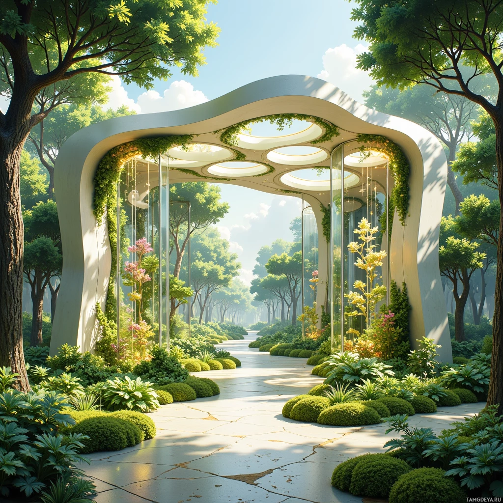Современная изогнутая конструкция со стеклянными панелями и растительностью, органично вписанная в пышный лесной пейзаж.