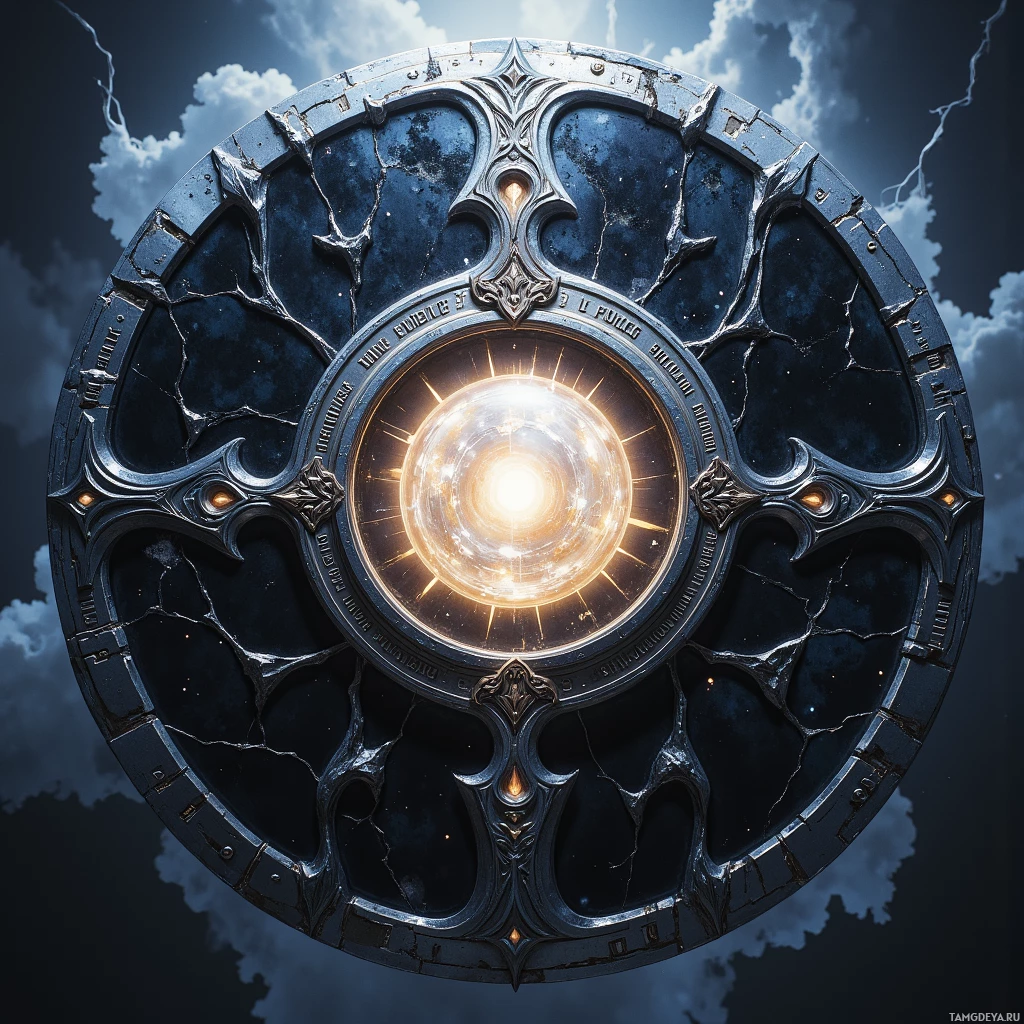 Круглый, богато украшенный объект со светящимся центром и сложным орнаментом на фоне облачного неба.