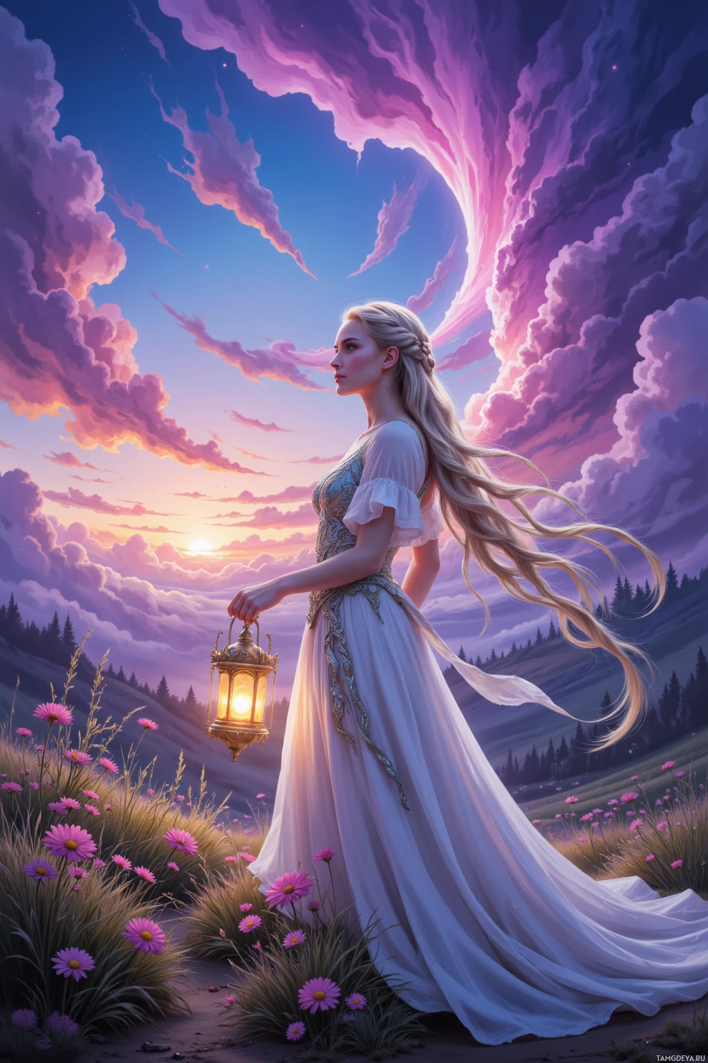 Realistic high quality photo. A 25‑year‑old woman with long silver‑blonde braided hair, clear blue eyes, porcelain‑white skin, wearing a flowing white gown embroidered with silver dragon patterns, stands on a hill at twilight under a violet fire sky, holding a glowing lantern, surrounded by banners of kingdoms, with a dragon’s breath swirling around her as she gazes toward a hopeful path.