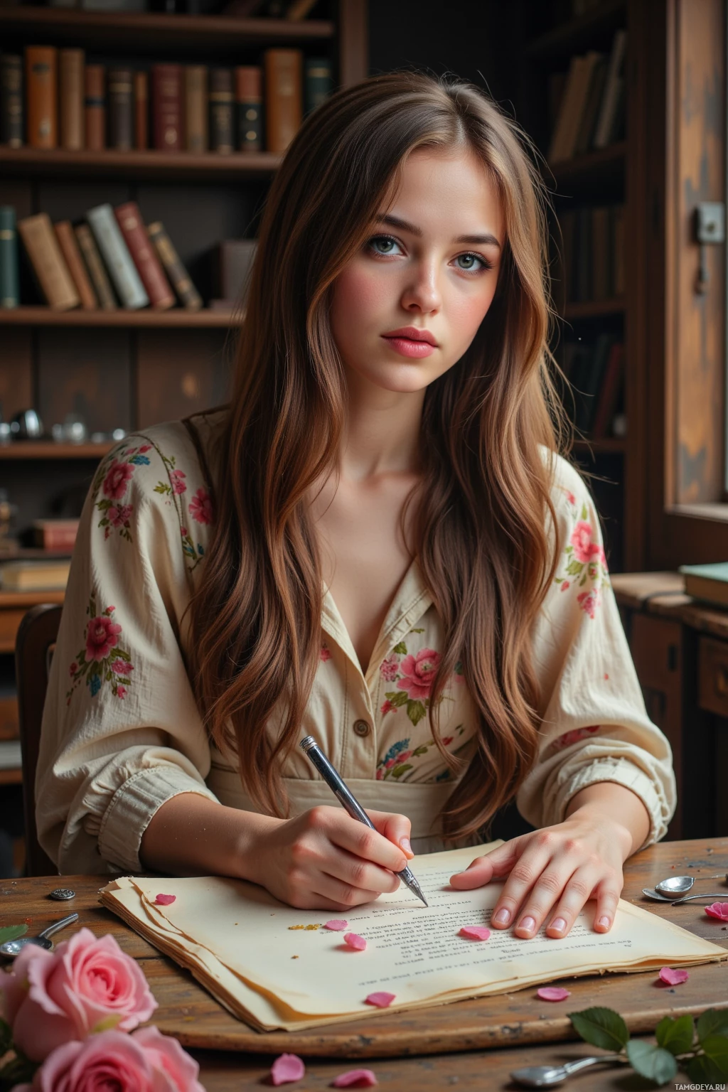 Realistic high quality photo. 27‑year‑old woman with long flowing brown hair, bright blue eyes, porcelain skin, high cheekbones, wearing a soft floral dress, sits in a quiet attic surrounded by old journals and silver spoons, dust motes glittering like constellations, she writes a stanza on parchment while rose petals drift around her in softly lit warm evening light.