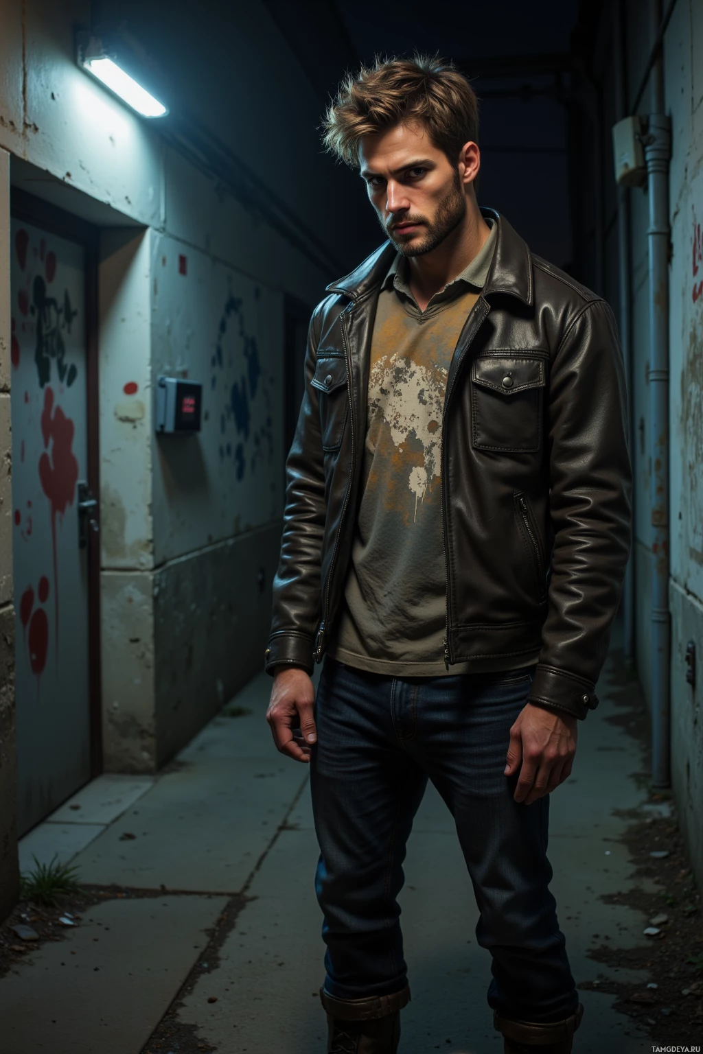 Realistic high quality photo. Male, 27, with tousled light brown hair, piercing green eyes, warm olive complexion, rugged jawline, wearing a worn leather jacket over a faded band t‑shirt and rugged boots, standing in a dim concrete alley at night, holding a pen and scribbling a secret manifesto while watching a flickering CCTV monitor, the hum of traffic below.