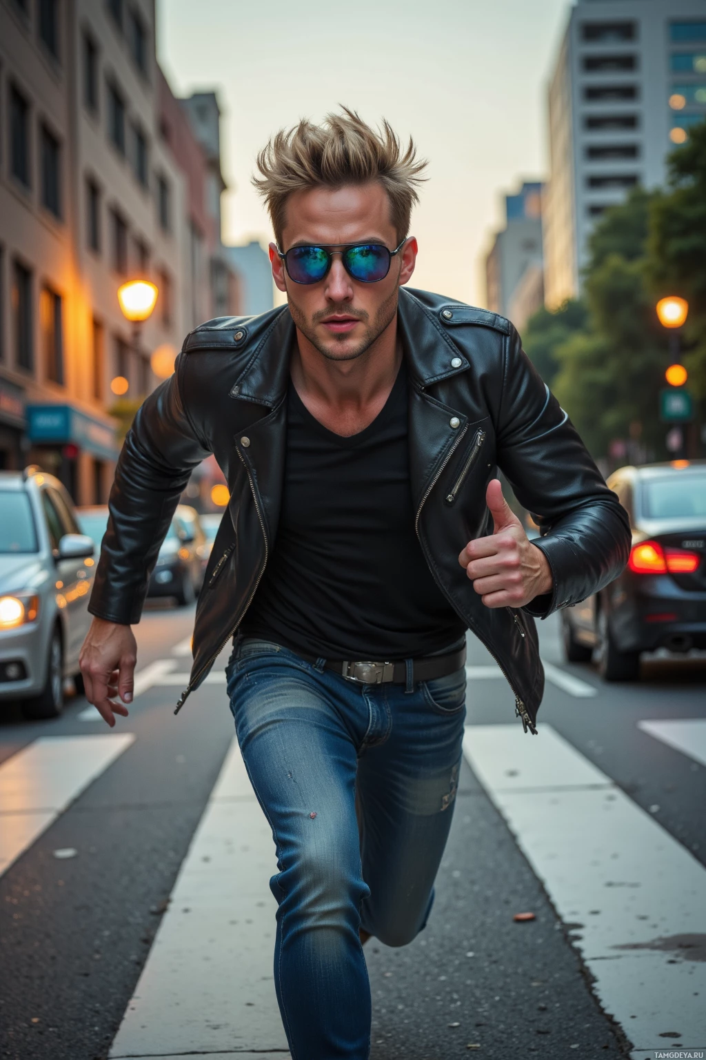Realistic high quality photo. A 33‑year‑old athletic man with spiky blonde hair, piercing blue eyes, wearing a black leather jacket, faded jeans and aviator sunglasses, sprinting across a modern downtown street at dusk, wind whipping his hair as he embraces the thrill of speed with city traffic blur behind him.