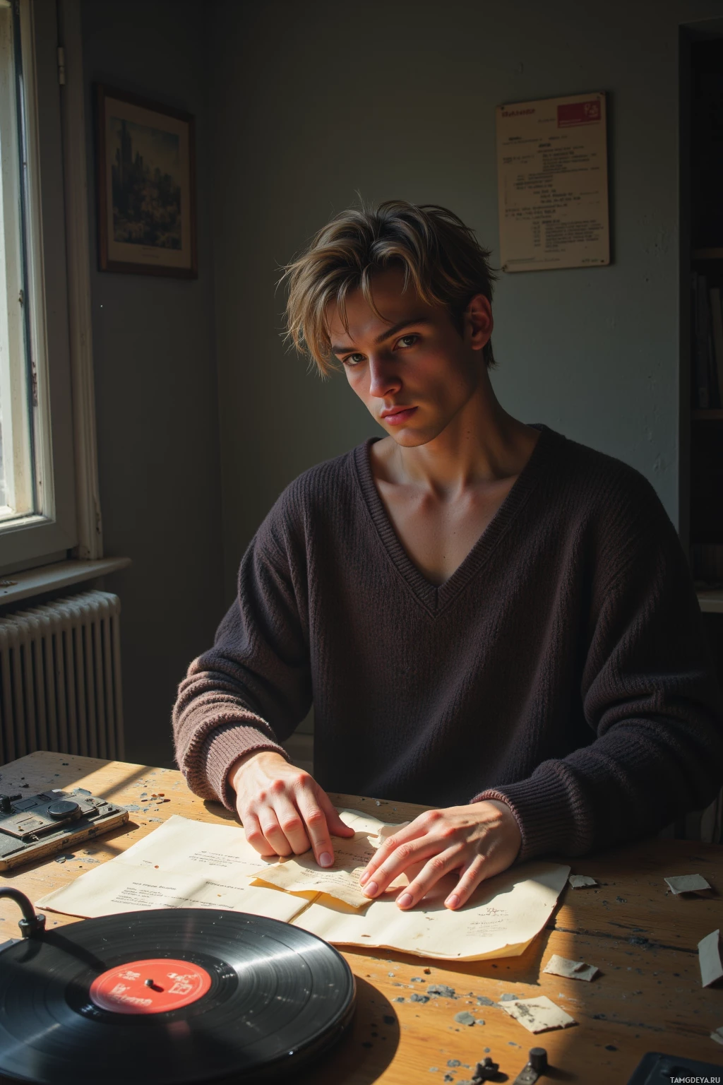 Realistic high quality photo. A 20‑year‑old man with pale skin, messy light brown hair, piercing green eyes, wearing an oversized loose‑fitting sweater, sits in a dim apartment with a hissing radiator in the corner, folding old letters on a worn table as dust motes drift in a sunbeam while an old vinyl record spins nearby, creating a quietly rebellious mood.