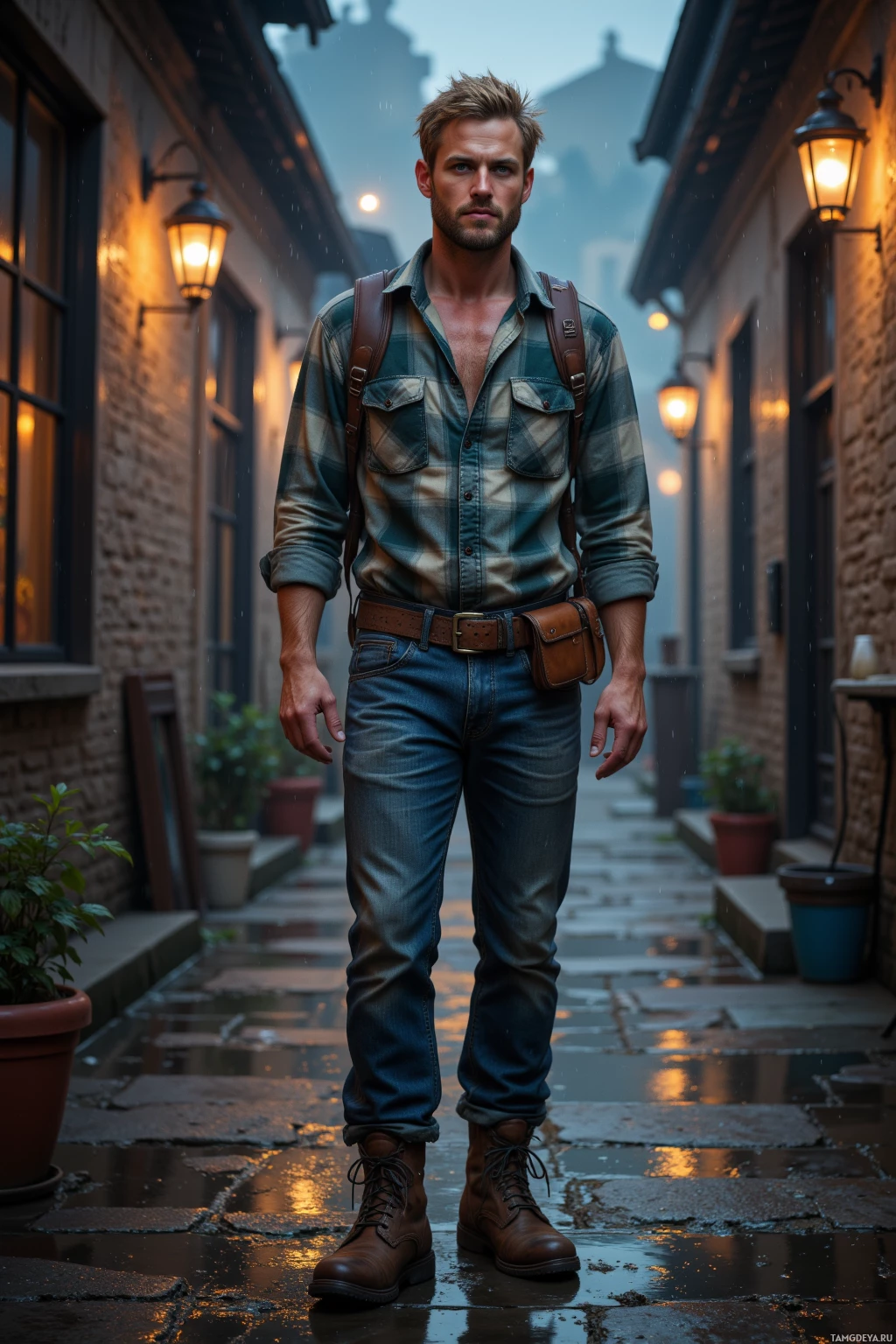 Realistic high quality photo. A rugged 34‑year‑old man with tousled light blonde hair and bright blue eyes, wearing a worn flannel shirt, sturdy hiking boots, and a weathered leather belt, stands in a rain‑slick forgotten courtyard at dusk, surrounded by flickering lanterns and the distant hum of traffic, listening to a passer‑by whisper about a hidden rooftop garden while his curious expression reflects impatience as he maps the path ahead.