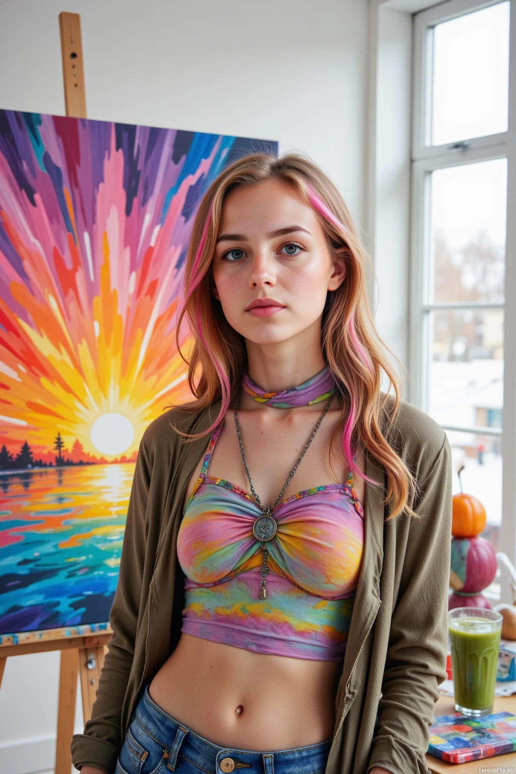 Realistic high quality photo. Female artist, 27, multicolored rainbow hair in bold streaks, bright blue eyes, golden skin, wearing layered bohemian tops, colorful scarf, and jeans, standing in a bright studio with a canvas showing a chaotic abstract sunrise of vibrant paint splashes and a smoothie sculpture on a nearby table.