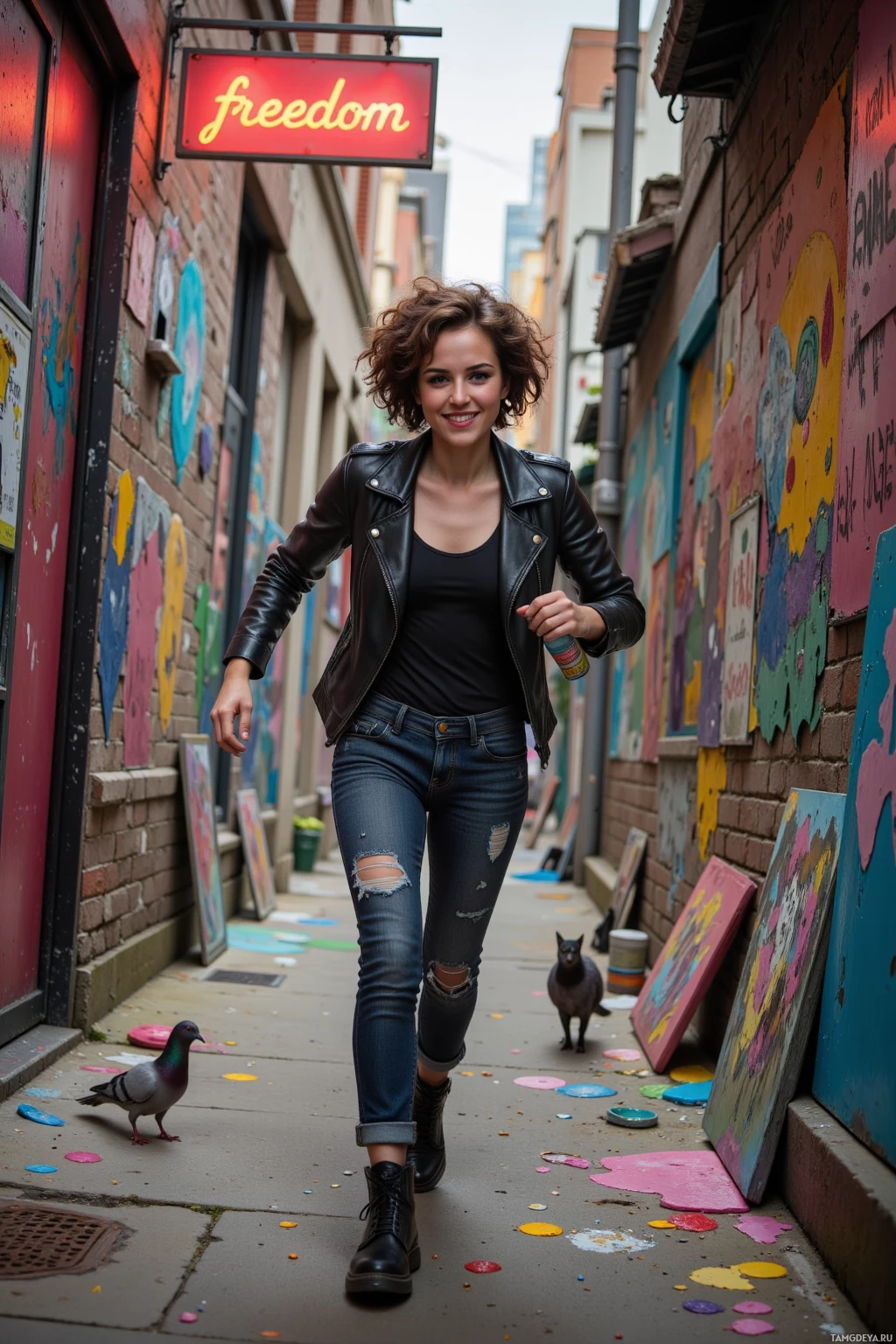 Realistic high quality photo. Female, 27, dark curly hair framing a heart‑shaped face, piercing eyes, wearing a worn leather jacket over a simple t‑shirt, dark jeans, scuffed boots, sprinting through a narrow back alley that morphs into a makeshift art studio, dodging a pigeon, a stray cat following, holding a paint bottle instead of a sketchbook, splashing vivid paint onto the walls while a bright upside‑down “freedom” sign hangs above, city lights flicker outside, she grins mischievously with a rebellious aura.