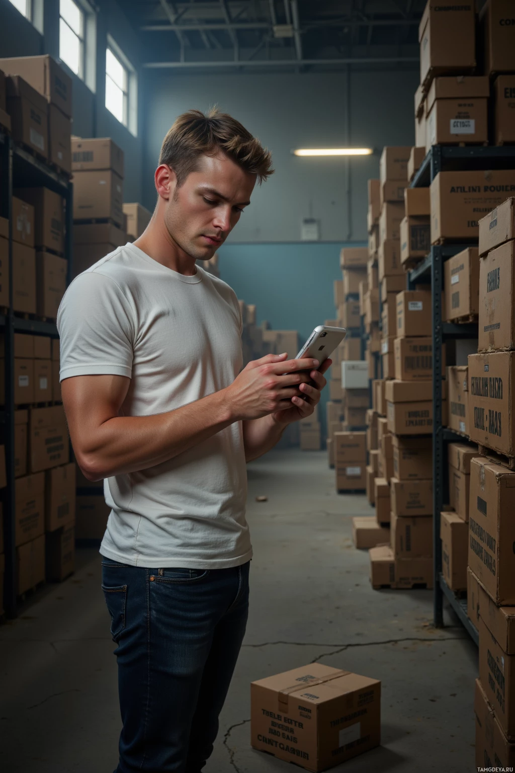 Мужчина в складе пользуется смартфоном, стоя рядом с ящиками.