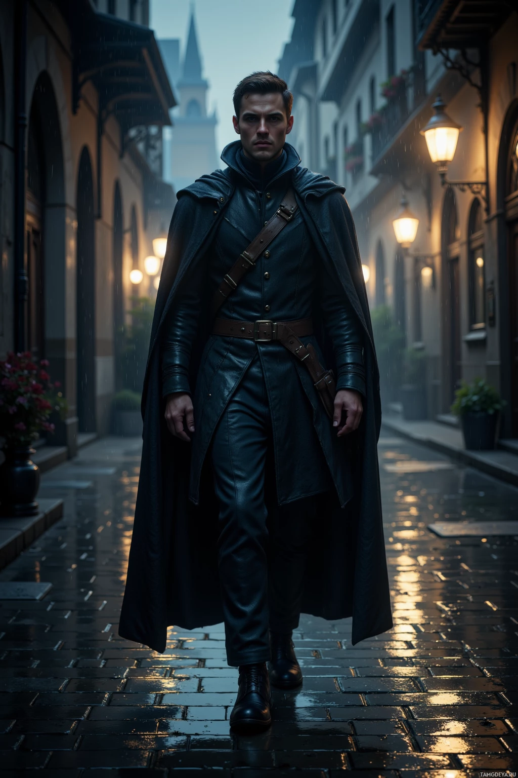Мужчина в темном, длинном пальто идет по мокрой булыжной улице под дождем, на заднем плане видны освещенные фонари и здания.