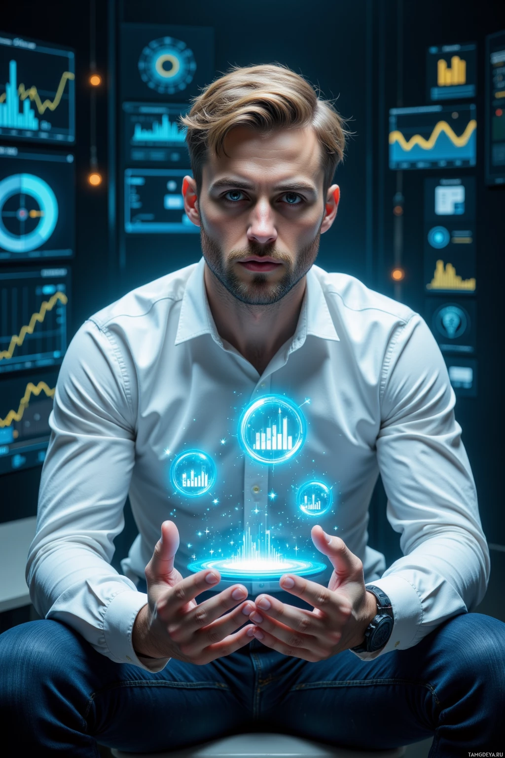 Realistic high quality photo. A 27‑year‑old man with neatly styled blonde hair, piercing blue eyes, pale skin, wearing a crisp white shirt and dark slim jeans, sits in a dimly lit data hub where holographic signs flicker in precise intervals, intently studying three hovering holographic models displaying confidence scores on a floating spreadsheet, surrounded by cascading digital metrics.