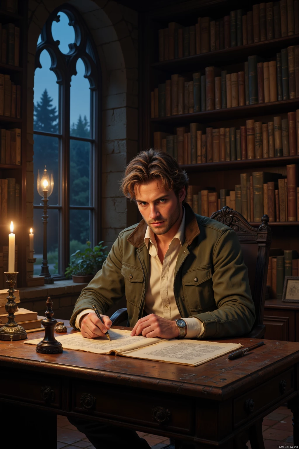 Realistic high quality photo. A 33‑year‑old man with light brown messy hair and blue eyes, wearing an olive‑green jacket over a cream shirt and khaki trousers, sits at a wooden desk in a dim, candlelit study surrounded by towering shelves of ancient manuscripts, his hand hovering over a quill as he reads a glowing parchment beneath a single desk lamp, night falling outside the window.