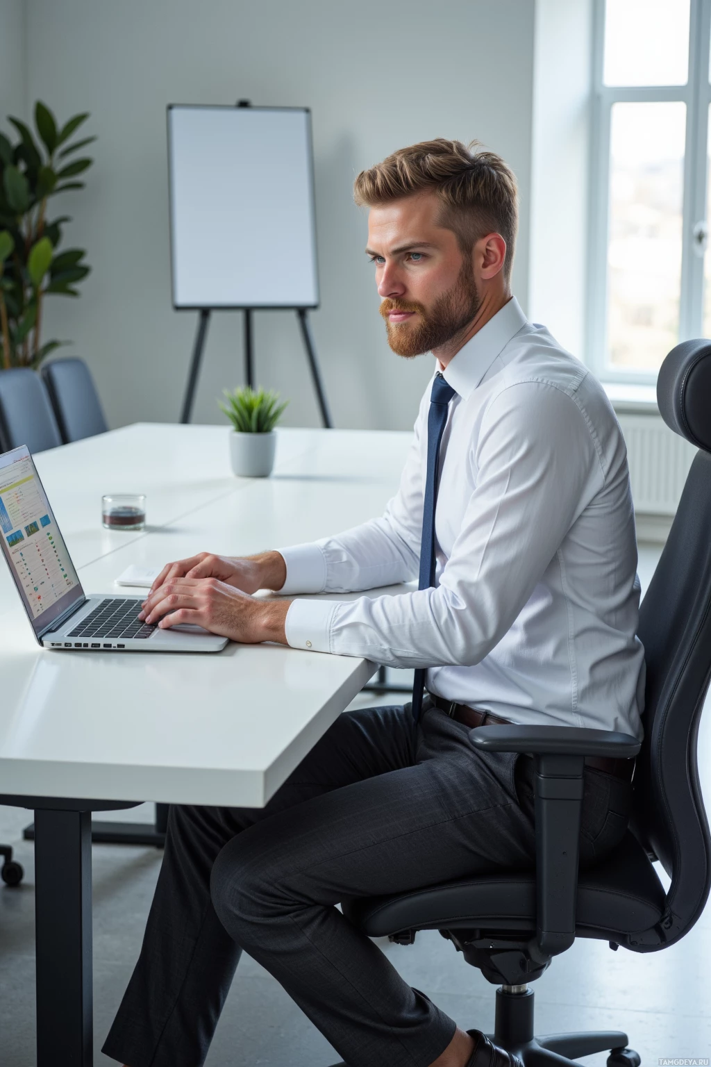 Realistic high quality photo. 41‑year‑old man with a neatly trimmed blonde beard and piercing blue eyes, wearing a fitted white dress shirt, dark grey tailored trousers and polished black loafers, seated at a modern office desk with a laptop open to a detailed risk matrix, methodically reviewing the spreadsheet under soft daylight in a tidy conference room.
