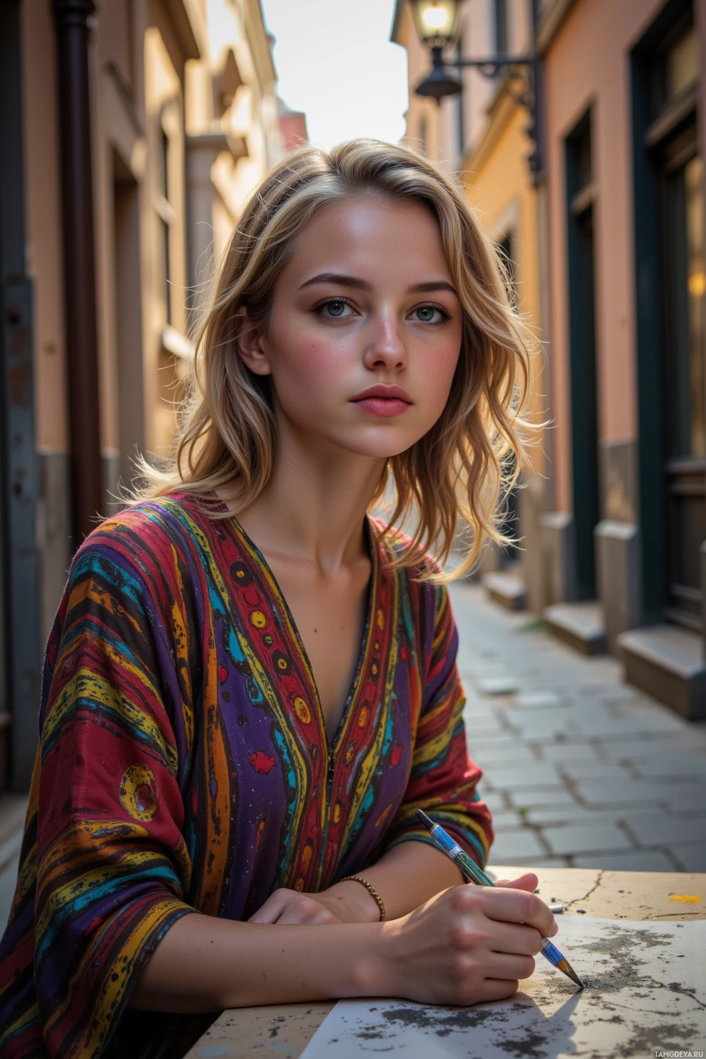 Человек в яркой, узорчатой блузе сидит за столом, держа в руке карандаш и рисует на листе бумаги.