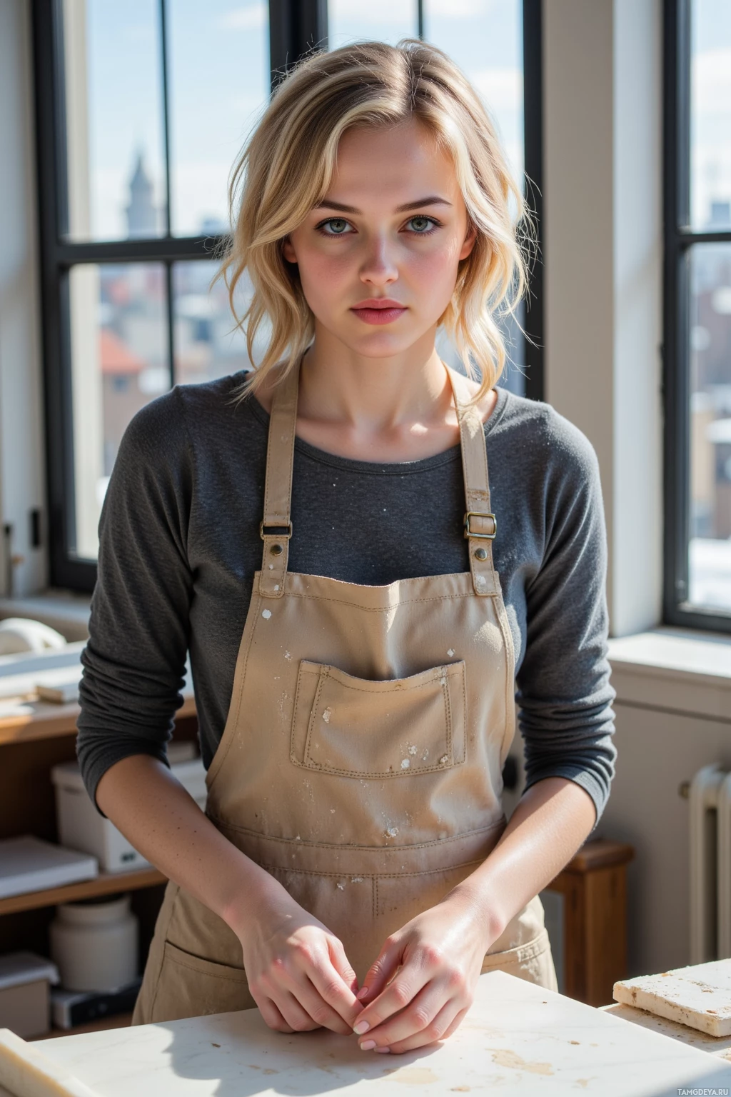 Realistic high quality photo. Woman, 33, curly blonde hair, blue eyes, pale skin, soft warm expression, high cheekbones, full lips, wearing a dusty clay‑stained apron over casual clothes, stands at a marble slab in a studio, winter light streaming across the slab, she is shaping clay with a chisel while a distant cityscape is visible through a window, calm and contemplative atmosphere.
