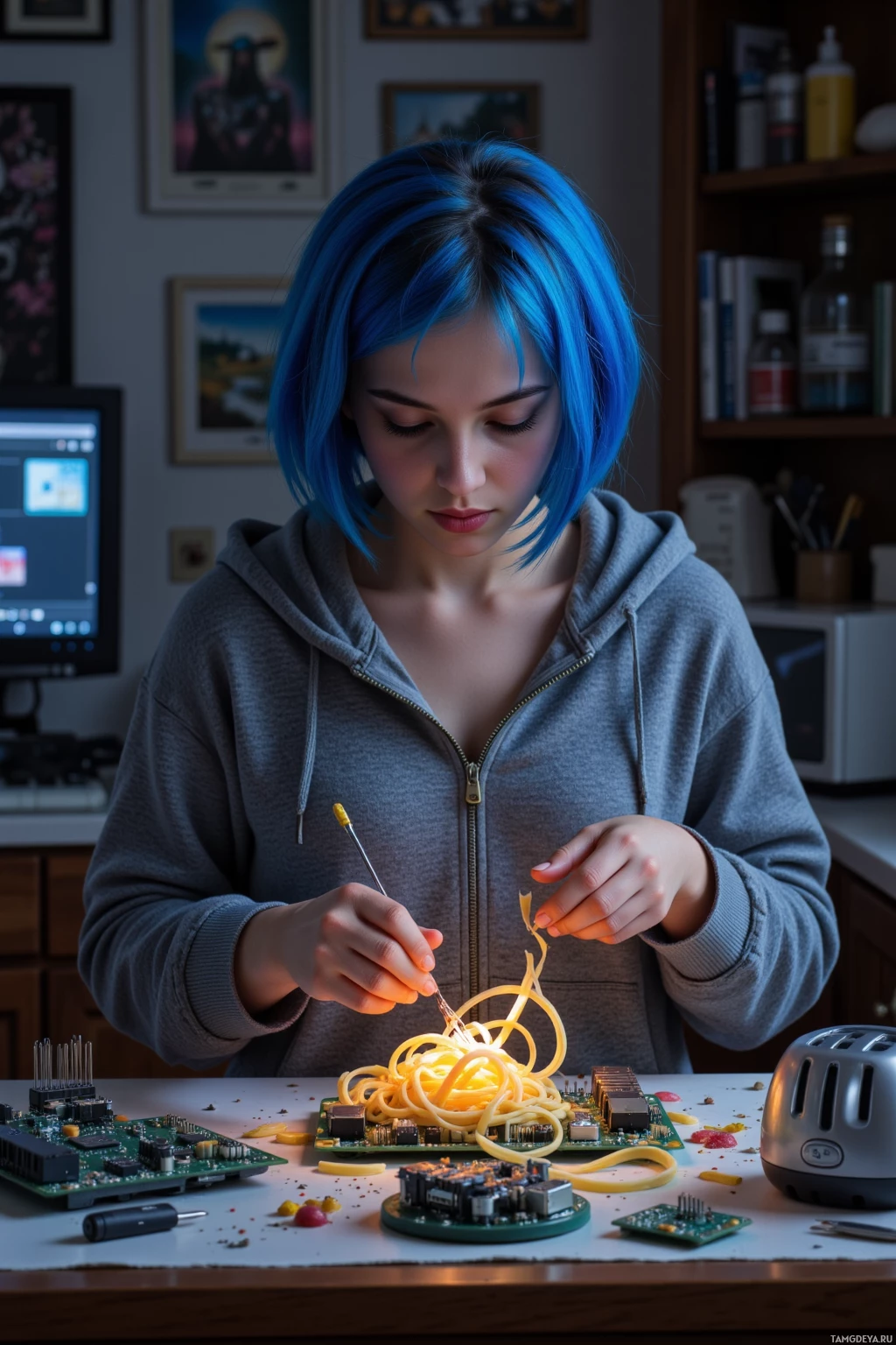 Realistic high quality photo. female, 22, short bright blue hair, green eyes, gray zip‑up hoodie, light denim cargo pants, white sneakers, soldering noodles onto a Raspberry Pi on a midnight kitchen counter, illuminated by soft electric glow, building a Wi‑Fi antenna from kitchenware, scattered circuit boards and a flickering toaster, with a chaotic monitor in background.