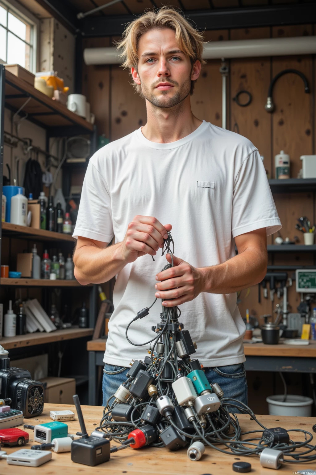 Realistic high quality photo. A 26‑year‑old man with messy blonde hair, bright blue eyes, fair skin, wearing a white T‑shirt and jeans, standing in a cluttered workshop under afternoon light, twisting and arranging discarded phone chargers into a kinetic sculpture with pieces visibly moving, surrounded by scattered cables, small tools, and a pile of unfinished prototypes.