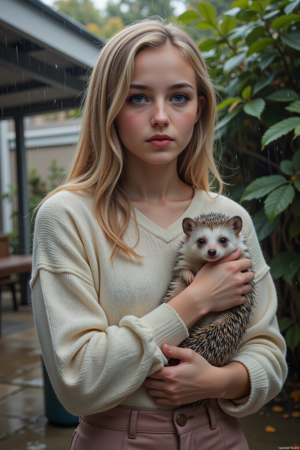 Realistic high quality photo. A young woman with blonde hair, bright blue eyes, fair skin and gentle expression, wearing a soft sweater and loose pants, calmly tending a shivering hedgehog in a shelter courtyard with rain softly pattering on leaves and muted early afternoon light.