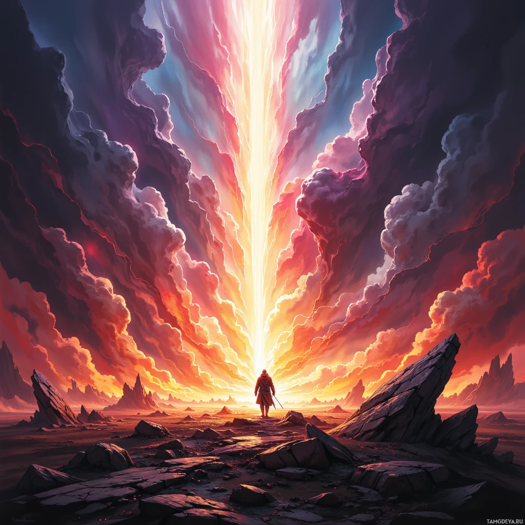 Одинокая фигура возвышается на безжизненном пейзаже под впечатляющим небом, пронизанным ярким лучом света.
