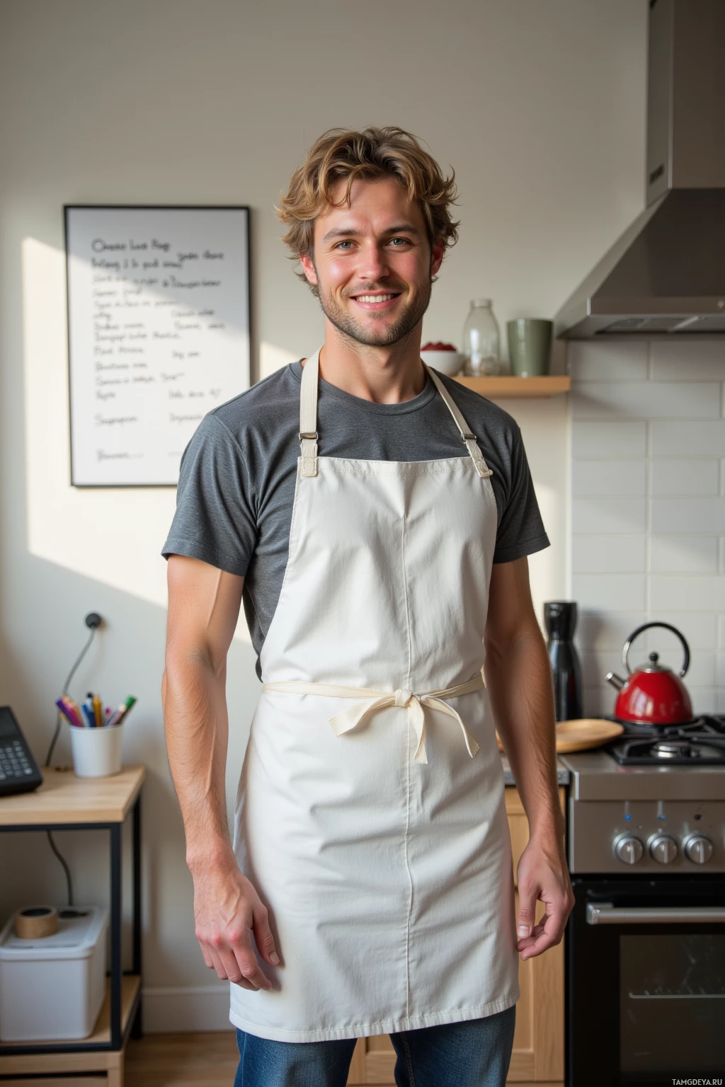 Realistic high quality photo. Man, 27, messy blonde curls, bright blue eyes, warm pale skin, friendly expression, wearing a white apron over a gray t‑shirt and dark jeans, standing in a modern living room turned zen space with a whiteboard of notes on the wall, a kettle whistling on a stove, a phone buzzing on a side table, and a partially stocked fridge, morning light streaming in.