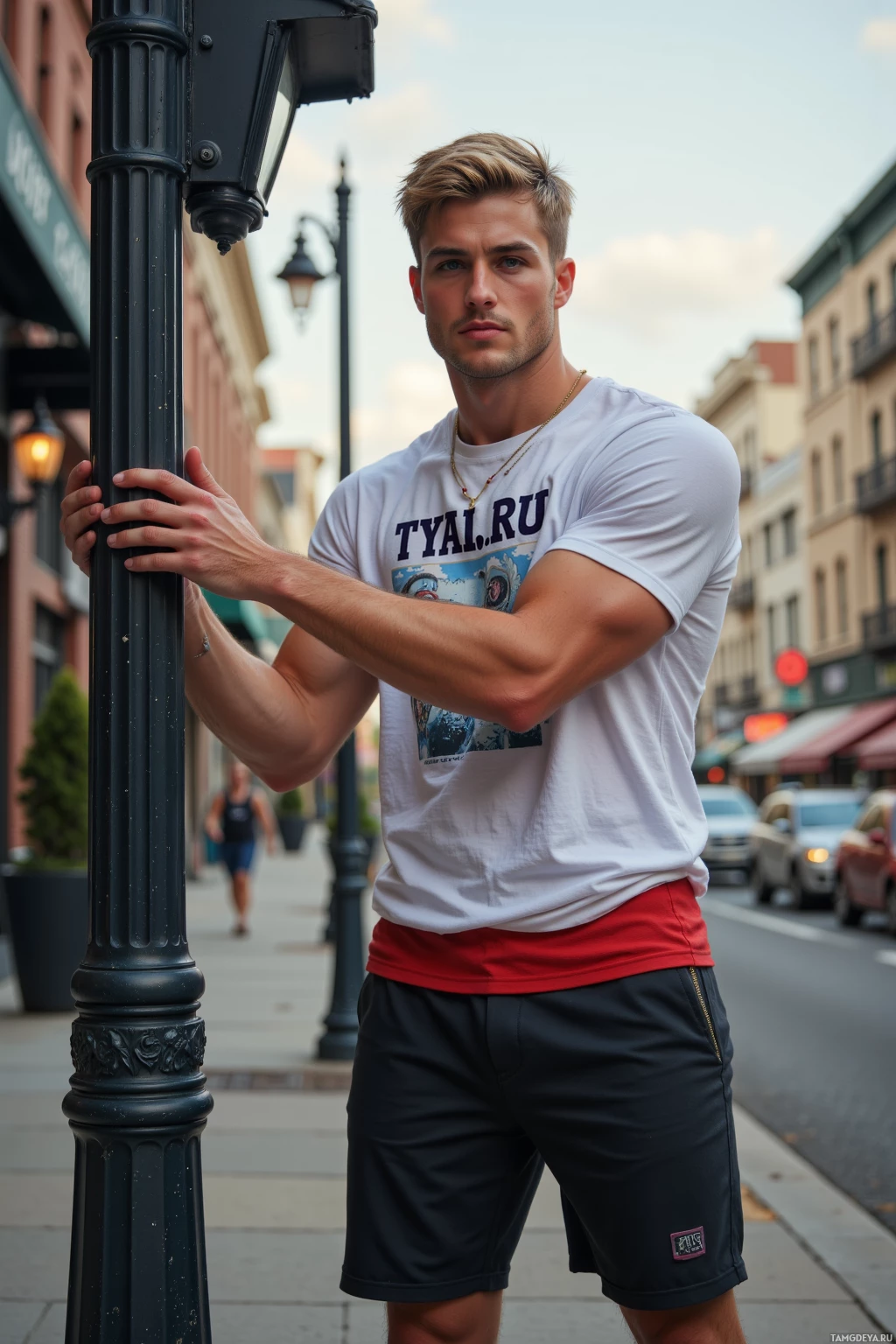 Realistic high quality photo. A 25‑year‑old male with short blonde hair, bright blue eyes, athletic build, wearing a graphic t‑shirt, athletic shorts, and a lucky charm necklace, standing on a late‑afternoon city sidewalk turning a street light switch, the scene buzzing with urban energy.