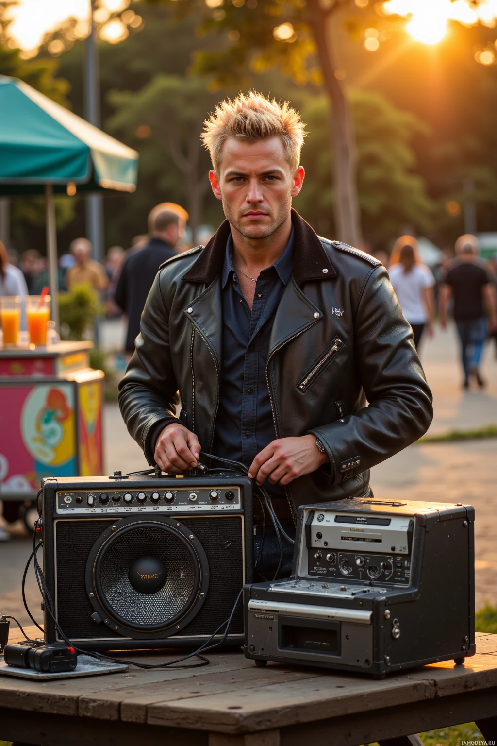 Realistic high quality photo. Male, 33, spiky blonde hair, blue eyes, wearing a black leather jacket with electric patterns and jeans, stands in a park at sunset holding a battered analog amp while rewiring its speaker cable, with a nearby street vendor selling salsa punch and an old tape deck hissing on a table, warm golden light bathing the scene.