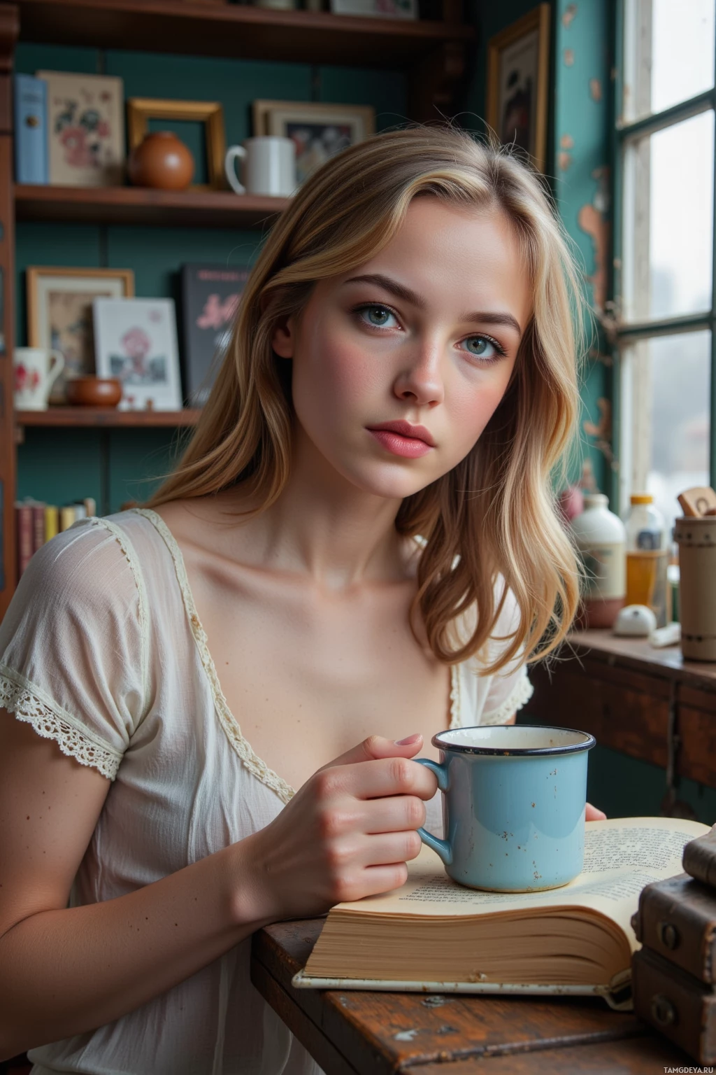Realistic high quality photo. woman with medium blonde soft waves, pale skin, blue eyes, slender frame, wearing a faded lace blouse, sits in an old corner shop smelling of cedar and forgotten postcards, tracing the faint lines of a cracked blue enamel cup beside a rusted hinge and an old book with a worn spine, soft morning light filtering through dusty windows.