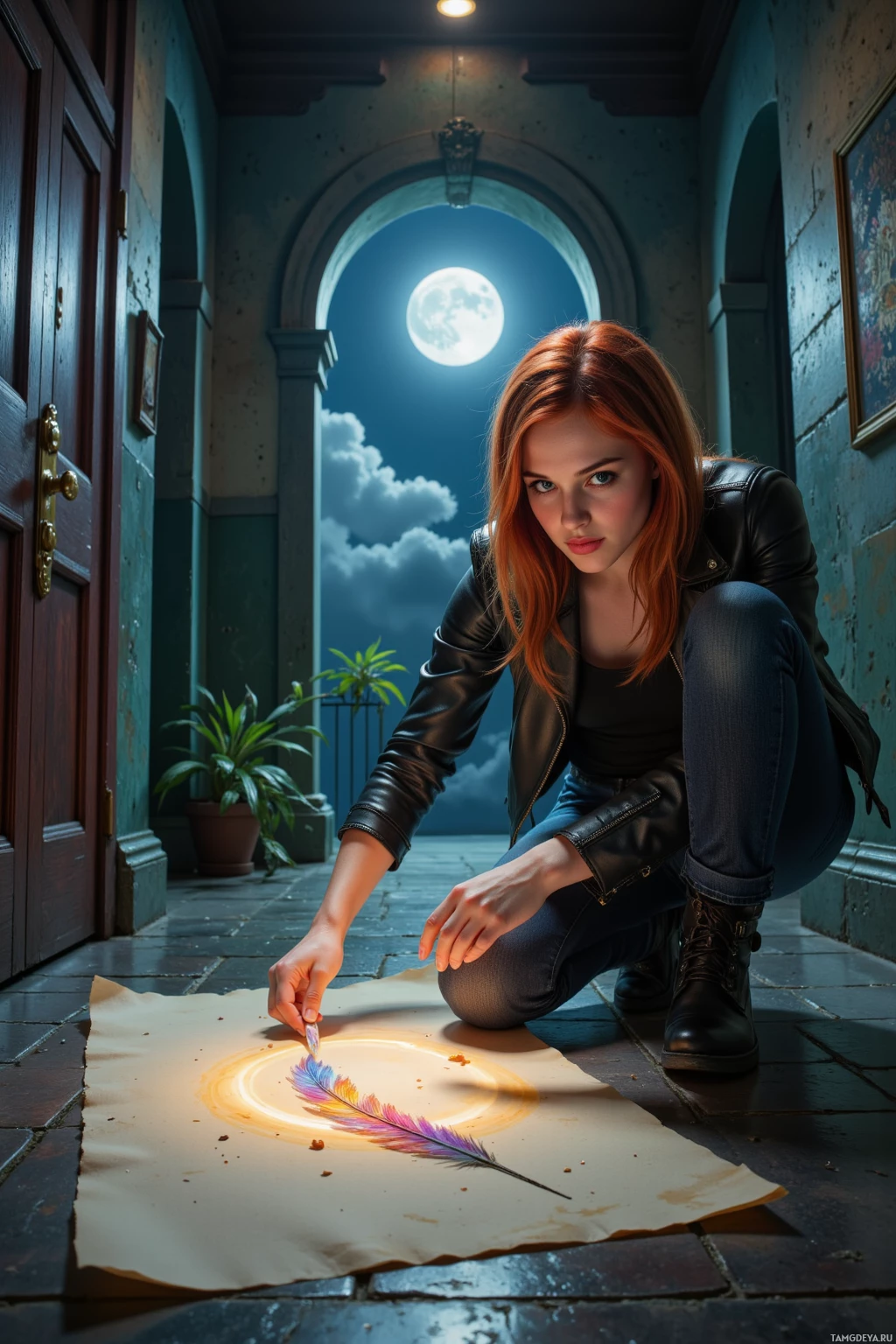 В полумраке коридора на коленях сидит женщина и рисует пером на пергаменте.