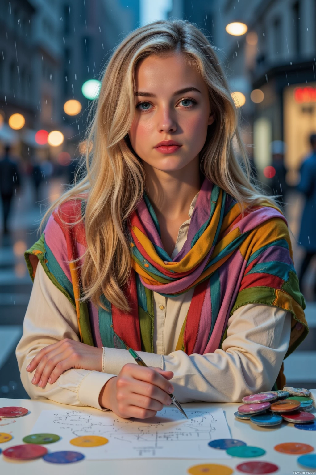 Человек в ярком шарфе сидит за столом, держа в руке ручку, рядом – рисунок и палитра с красками.