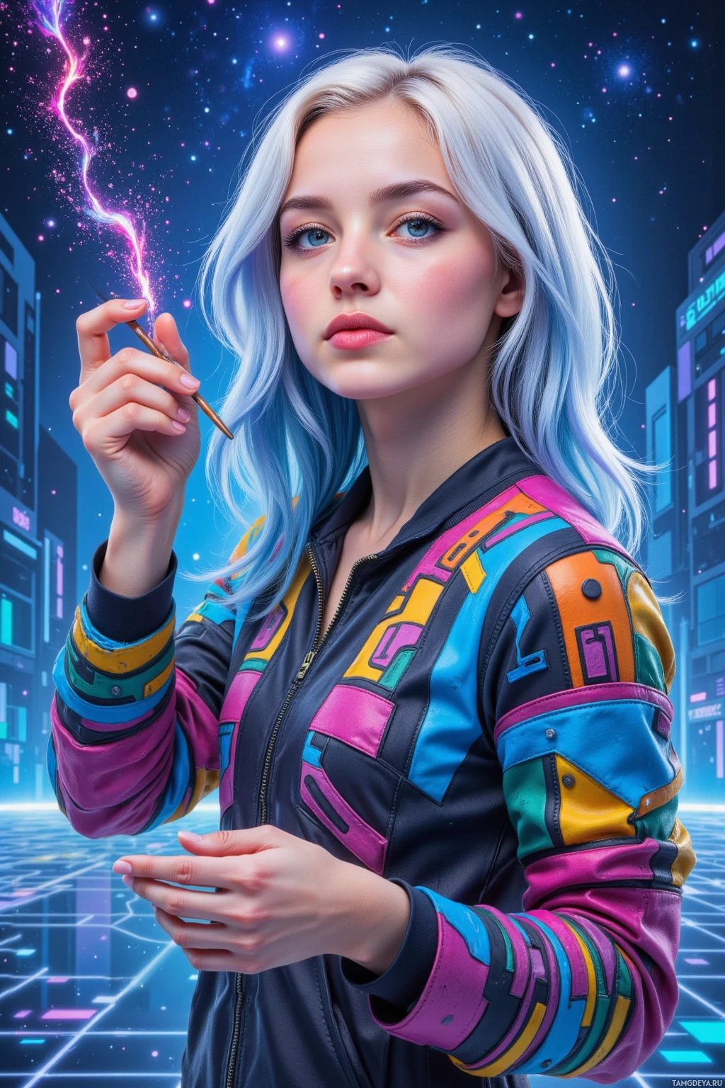 Человек с длинными светлыми волосами держит светящийся предмет в футуристической, неоновой обстановке.