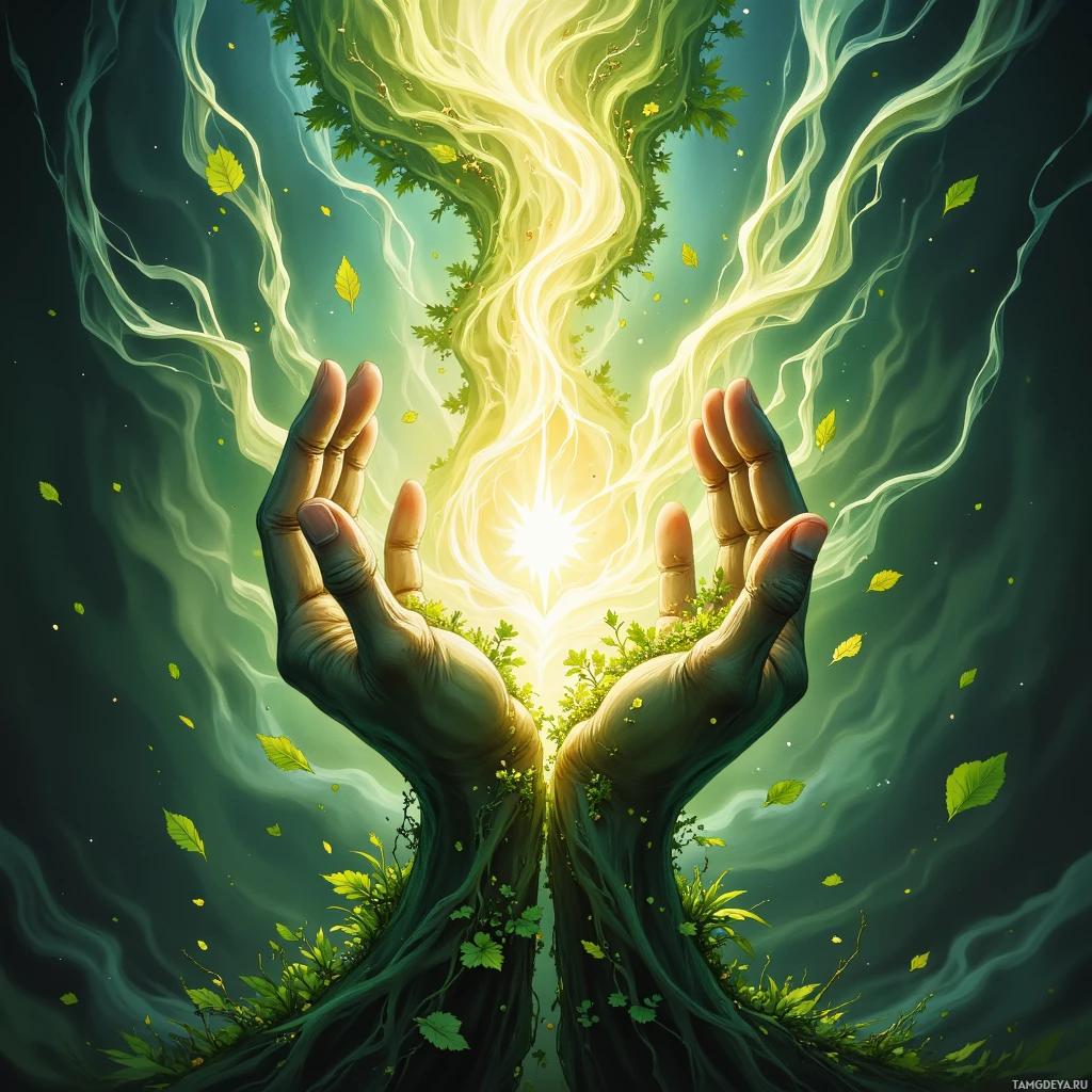 Semi-abstract image with many empty light space at center of beautiful background, that is suitable for the post:  Her hands whisper herbal prayers to the bones of the earth, each leaf a pulse of quiet defiance.