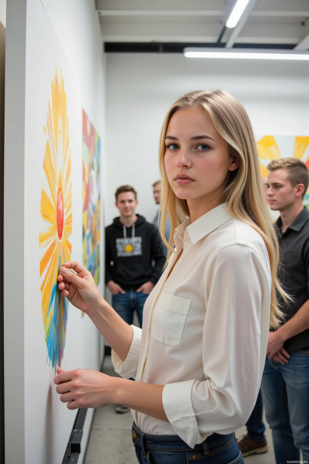 Realistic high quality photo. A 24‑year‑old woman with long blonde hair, bright blue eyes, wearing a crisp white blouse and dark jeans, sketches a shaky gold and blue sunrise in a fluorescent‑lit studio hallway covered in unfinished sketch lines that glow like a billboard, while casually dressed strangers laugh in the background, her expression a blend of frustration and hopeful curiosity.
