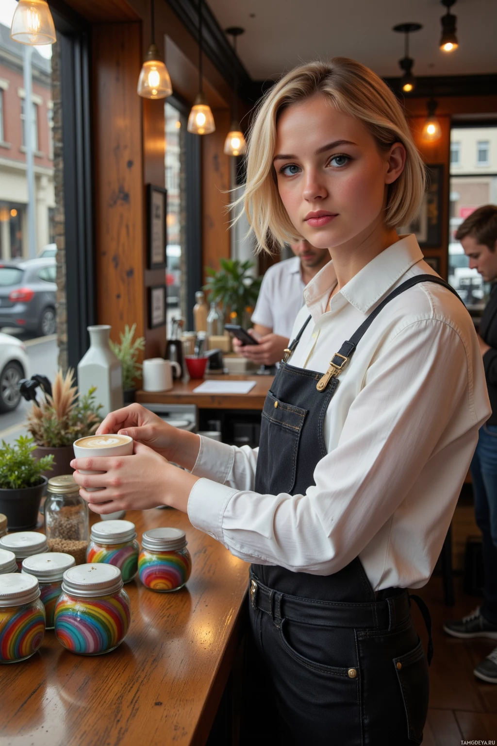 Realistic high quality photo. Young woman barista with short blonde hair and bright blue eyes, wearing a white shirt, black jeans, and a clean apron, arranging rainbow‑patterned spice jars and pouring honey cinnamon infusion in a cozy rain‑lit cafe interior, while streetlamps flicker outside the window and customers scroll on their phones.