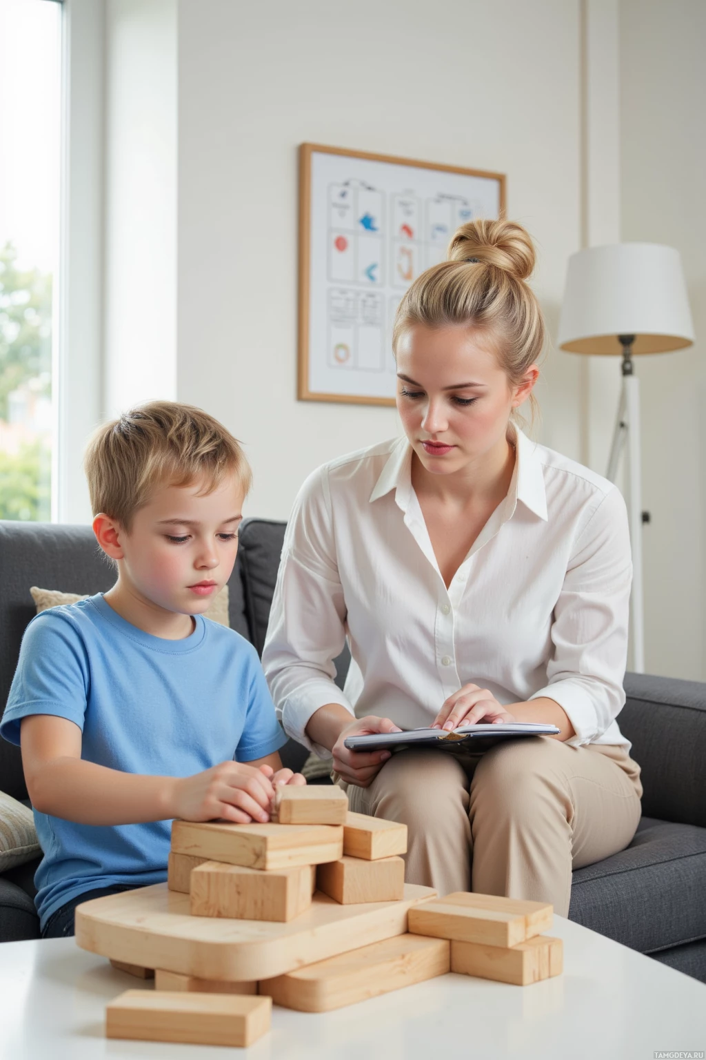 Realistic high quality photo. Woman, 34, blonde hair in a tight bun, blue eyes, pale skin, wearing a white blouse and beige trousers, sits on a modern sofa with a notebook and pen, observing her 4‑year‑old son in a blue T‑shirt stacking wooden blocks on a coffee table, a toppled tower on the floor, a chart with arrows on a nearby wall, afternoon light streaming through a window in a contemporary living room.