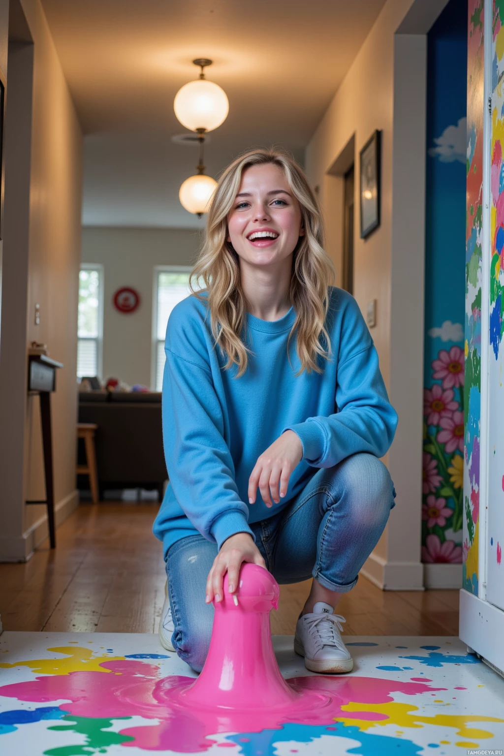Realistic high quality photo. 20‑year‑old woman with curly blonde hair, bright blue eyes, pale skin, wearing an oversized blue sweater and jeans, laughing as she spills a gallon of neon paint onto a hallway floor, a wall clock stuck at 3 AM above her, and a mural painted on a refrigerator in a modern home interior.