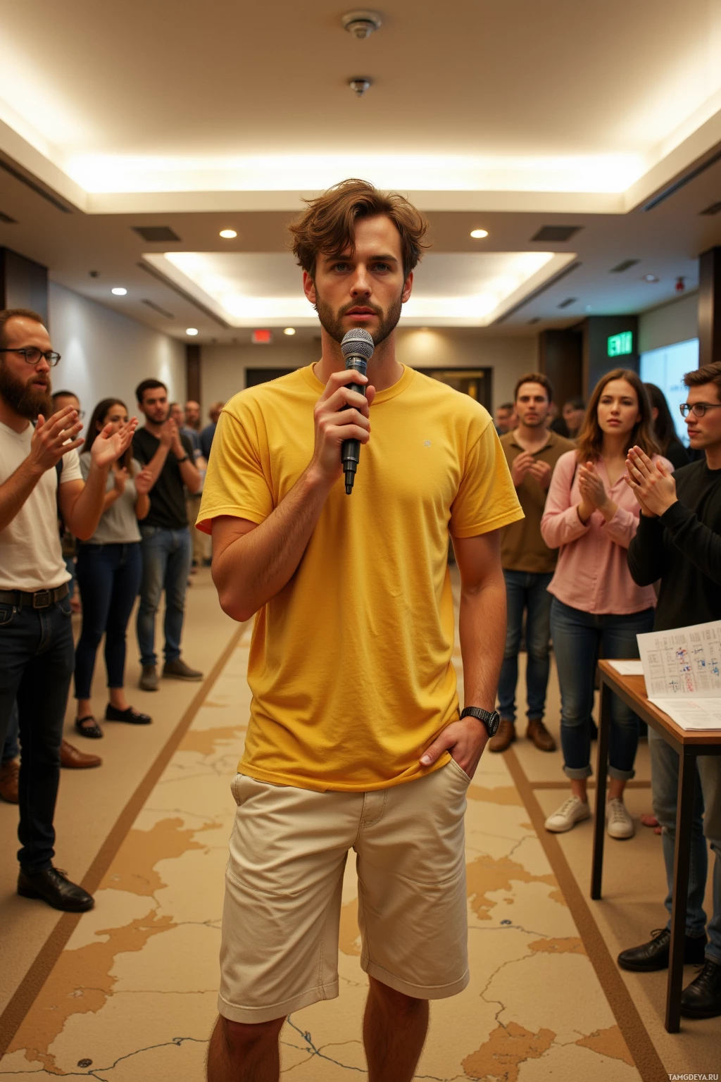 Realistic high quality photo. A 24‑year‑old man with messy brown hair, blue eyes, pale skin, wearing a yellow tee and loose cream shorts, stands at a karaoke mic in a modern hotel lobby, surrounded by strangers cheering while a beige carpet with a map‑like motif and faint exit codes runs under his feet, and a nearby table holds a flyer with handwritten notes in the margins.
